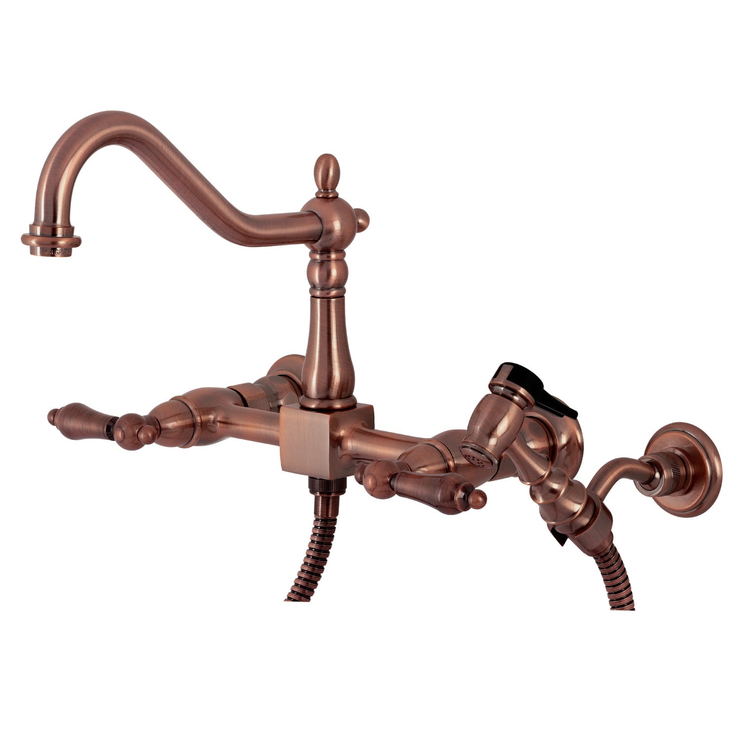 Kingston Heirloom KS124ALBSAC - Robinet de cuisine à double poignée Heritage 3 trous Wall Mount Bridge avec pulvérisateur en laiton, cuivre antique