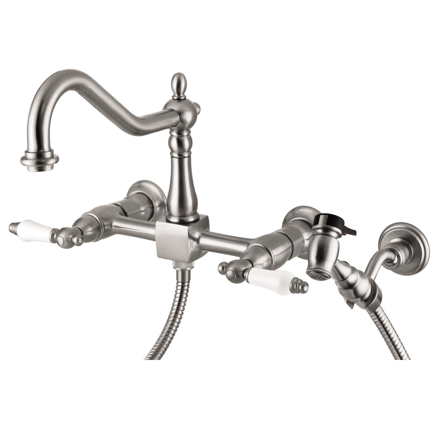 Kingston Heirloom KS1248PLBS - Robinet de cuisine à deux poignées Heritage 3 trous avec pulvérisateur en laiton, nickel brossé