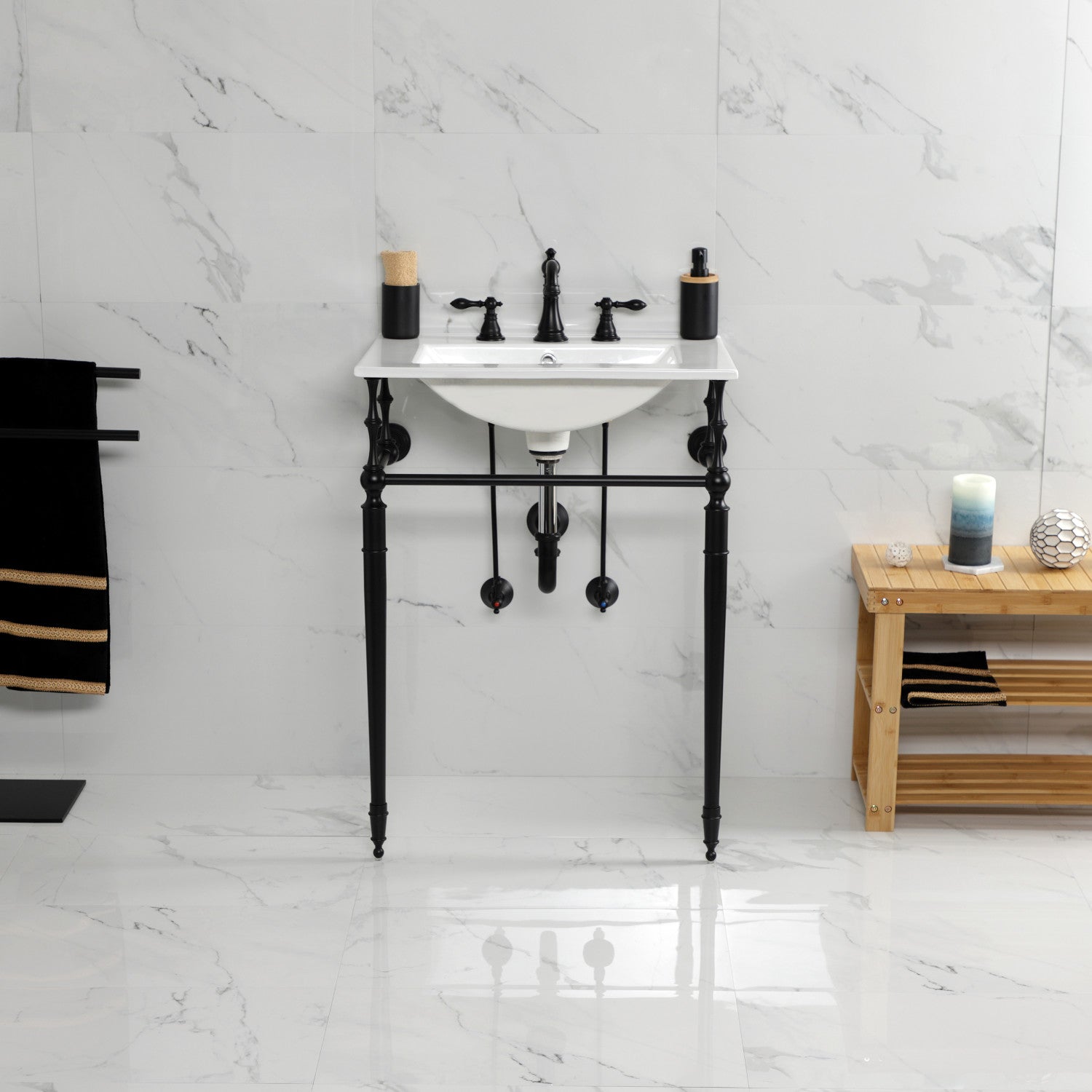 Kingston Heirloom KVPB24187W8MB - Edwardian 24-Inch Ceramic Console Sink with Brass Legs (8-Inch, 3-Hole), White/Matte Black