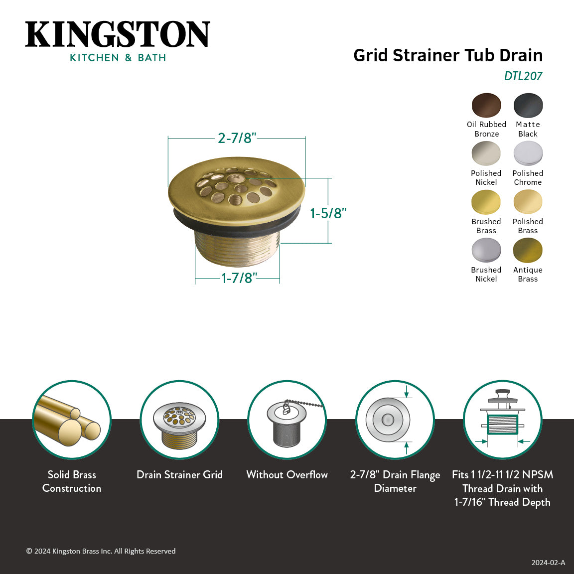 Kingston Tulare DTL206 - Made To Match Brass Tub Strainer Drain, Polished Nickel