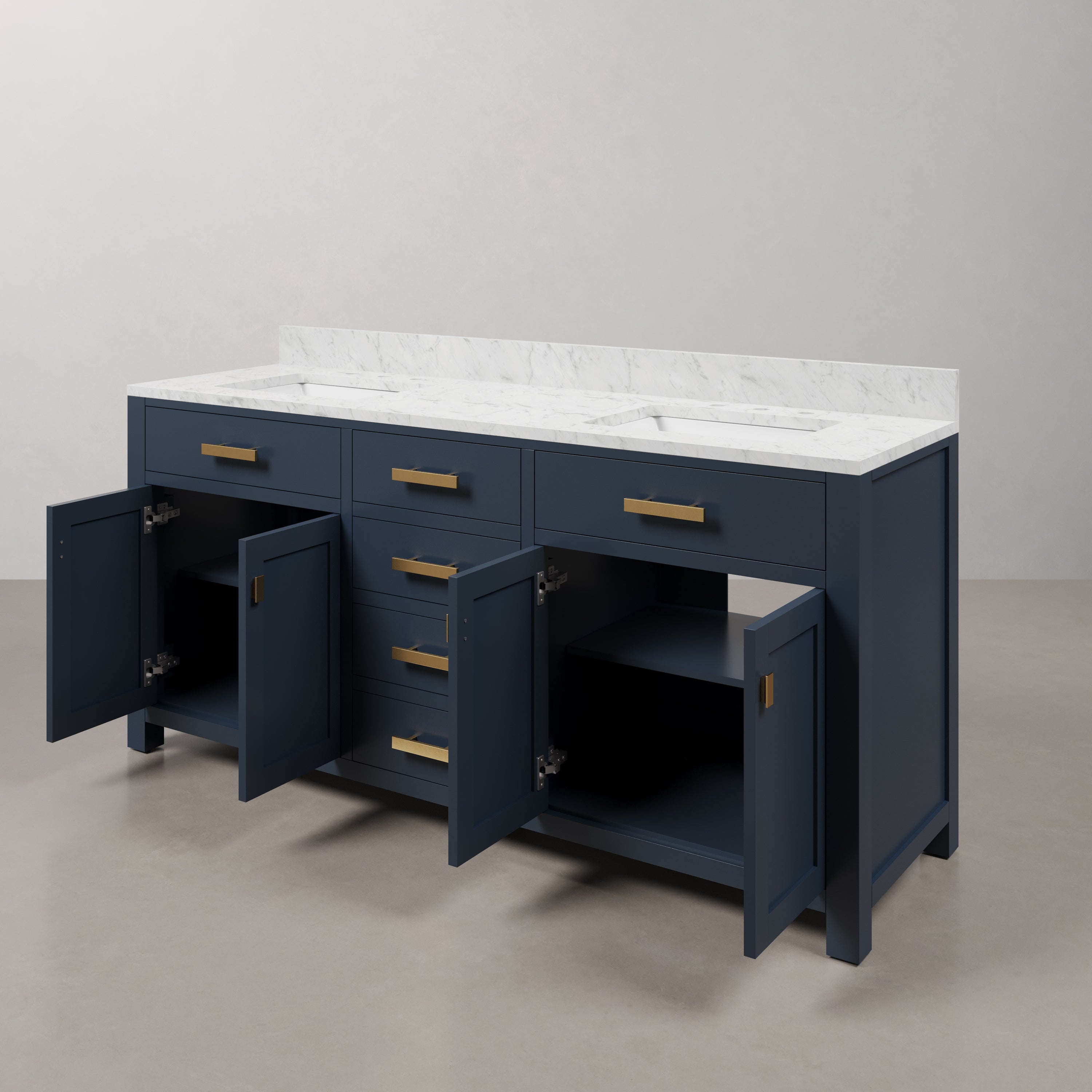 Kingston Luxe MS72CW06MB - 72 in. x 21.5 in. Bathroom Vanity Carrara White Marble Top and White Basins, Monarch Blue