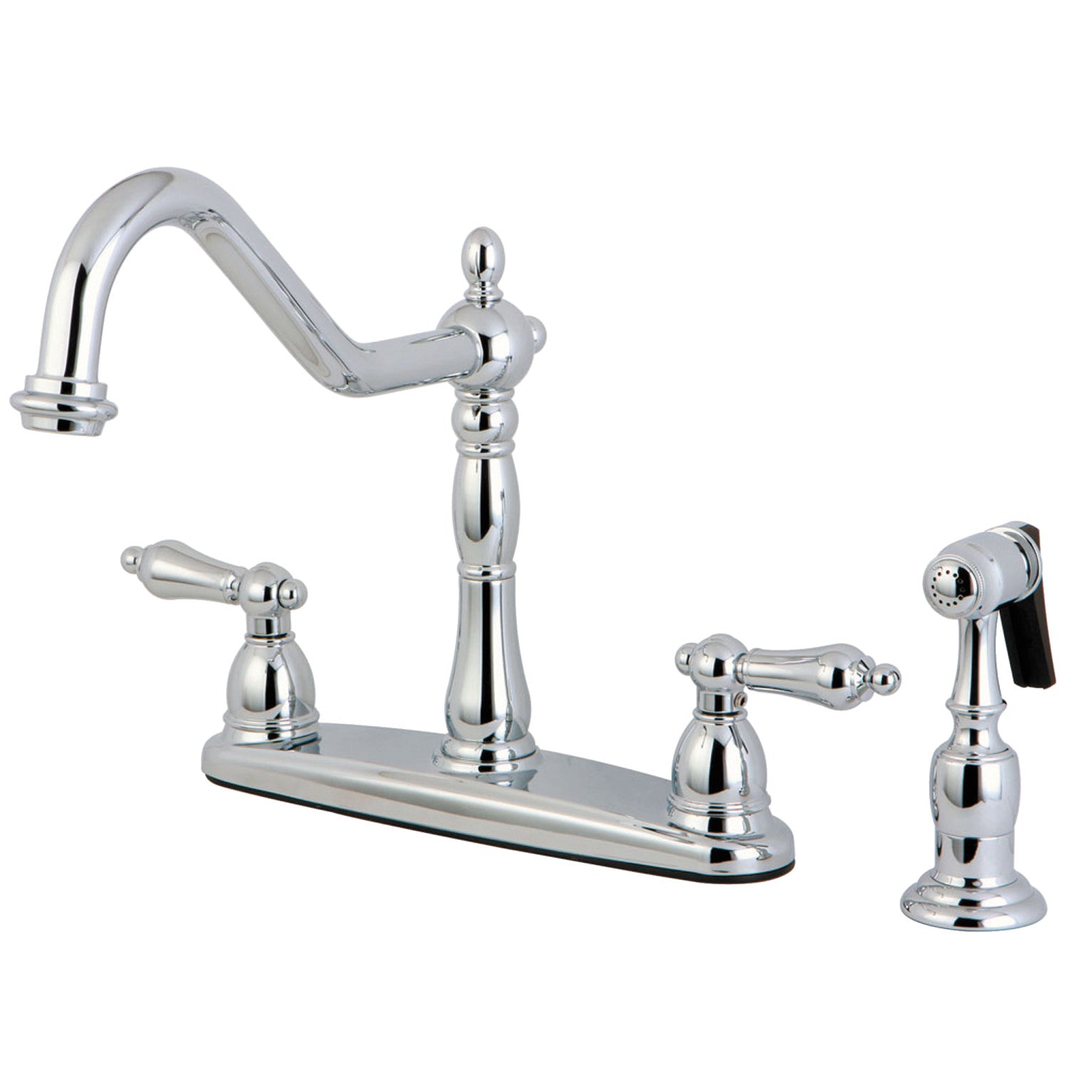 Kingston Heirloom KB1751ALBS - Robinet de cuisine central à deux poignées Heritage 4 trous 8" avec pulvérisateur en laiton, chrome poli