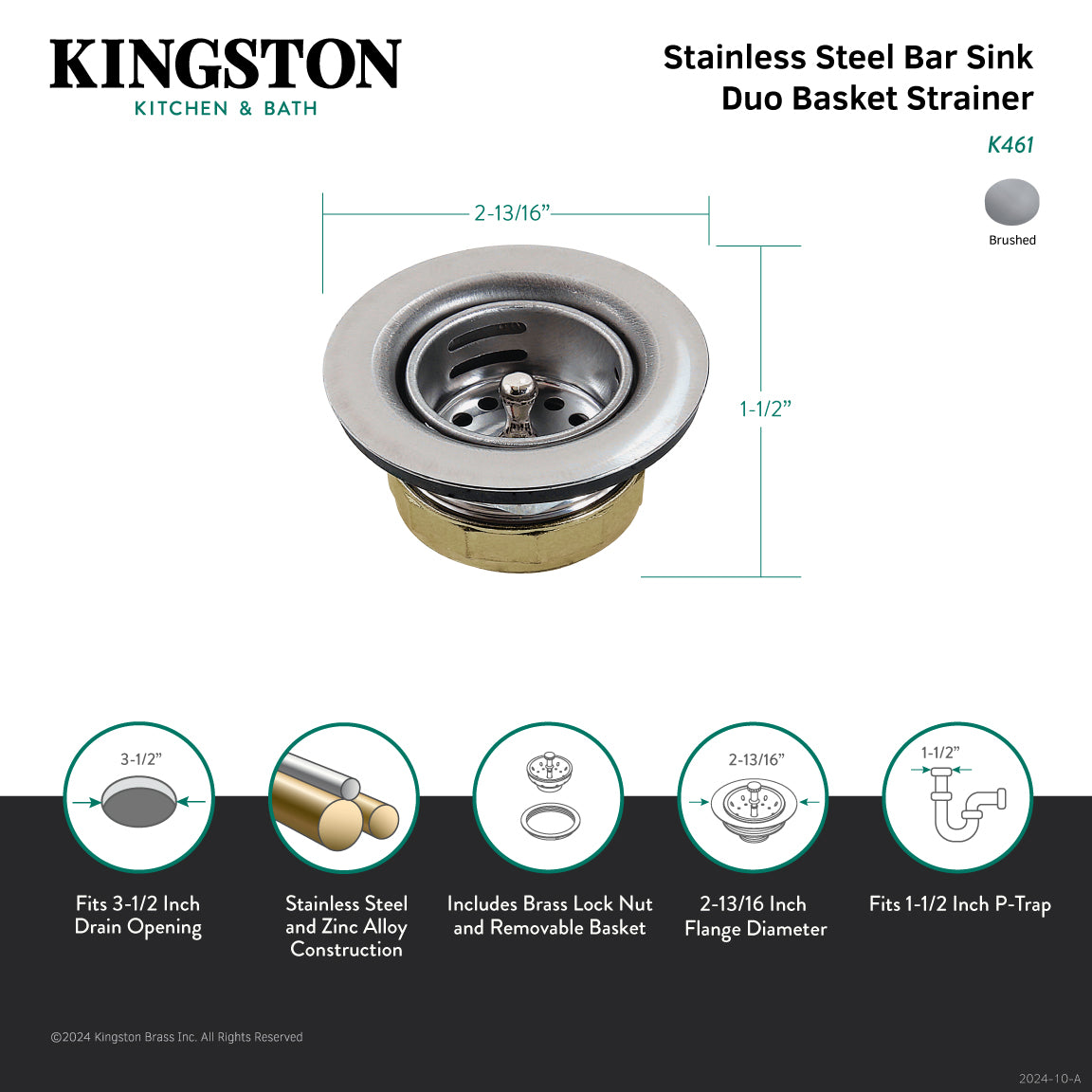 Kingston Tacoma K461 Stainless Steel Bar Sink Basket Strainer, Brushed Stainless Steel