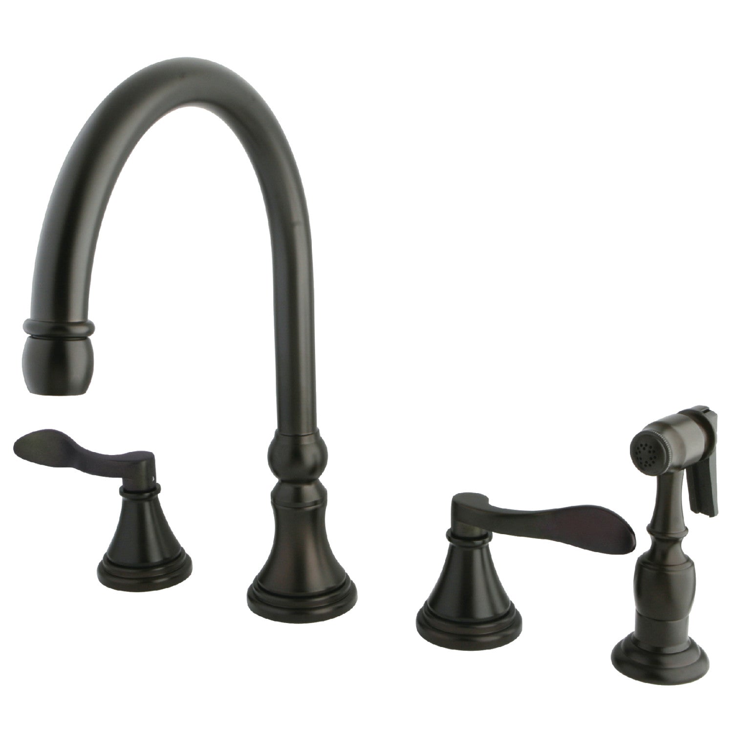Kingston Tulare KS2795DFLBS - NuFrench Robinet de cuisine à double poignée 4 trous avec pulvérisateur en laiton, bronze à l'huile