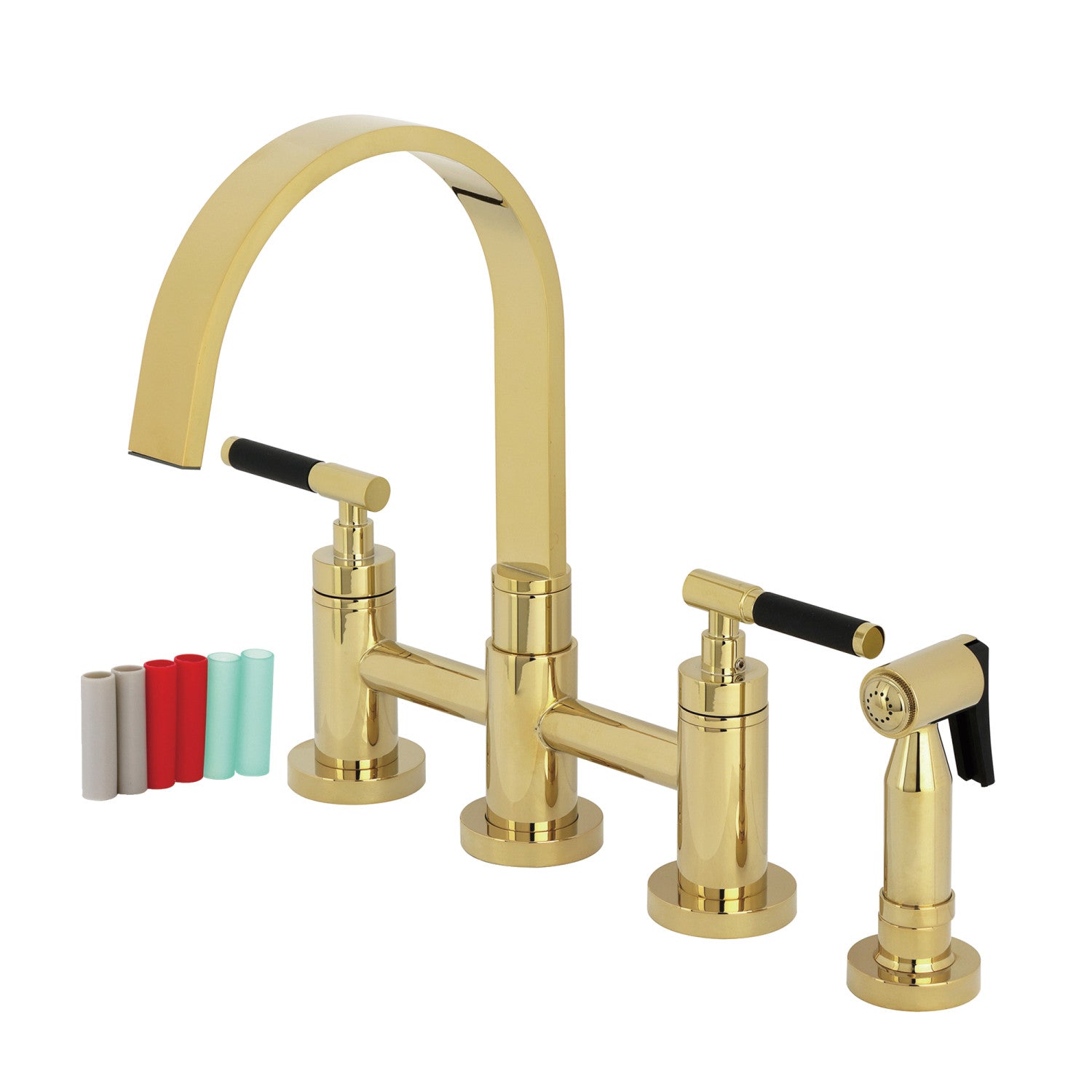 Kingston Sona KS8262CKLBS - Robinet de cuisine à deux poignées Kaiser 4 trous Mount Bridge avec pulvérisateur en laiton, laiton poli