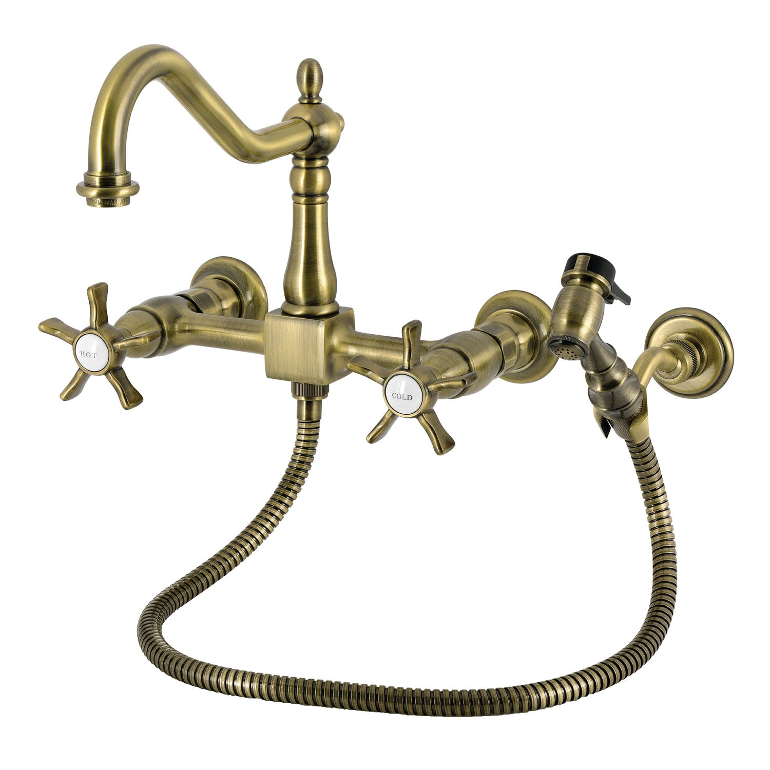 Kingston Heirloom KS1243NXBS - Robinet de cuisine à deux poignées 3 trous Wall Mount Bridge avec pulvérisateur en laiton, laiton antique