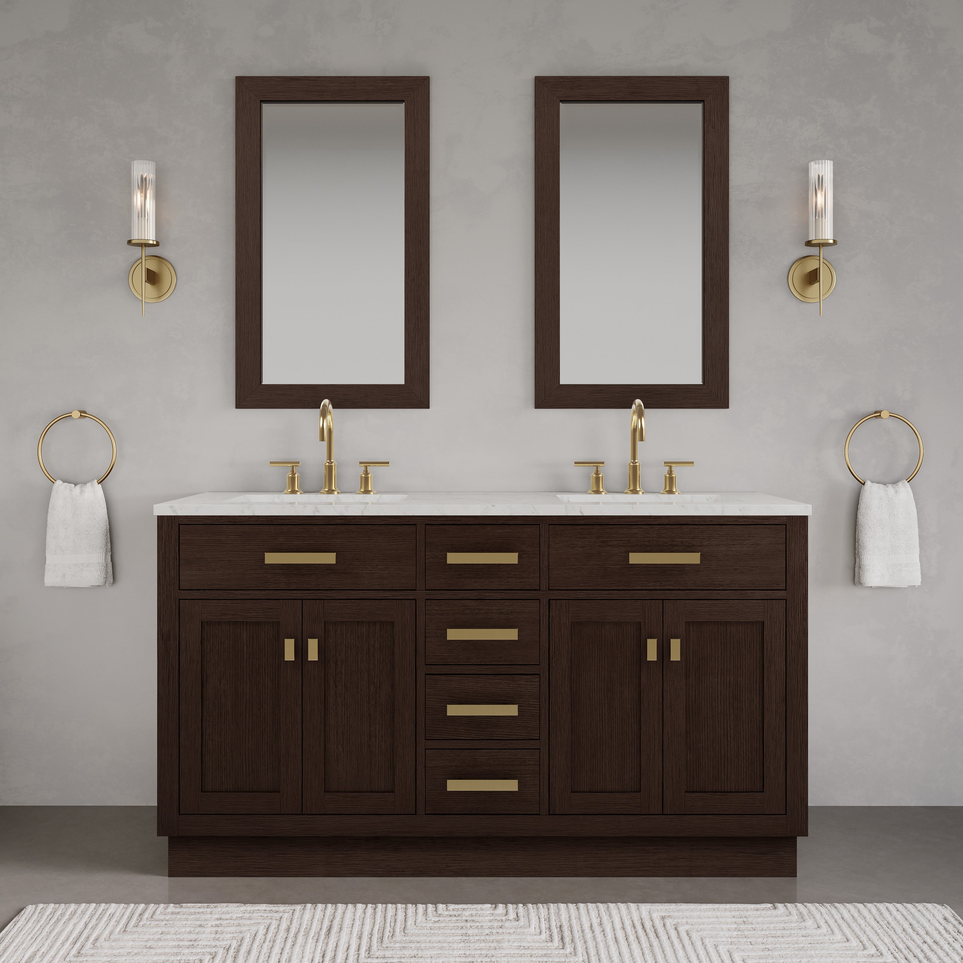 Kingston Luxe CH60CW06BK - 60 in. x 21.5 in. Bathroom Vanity Marble Top and White Basin, Brown Oak