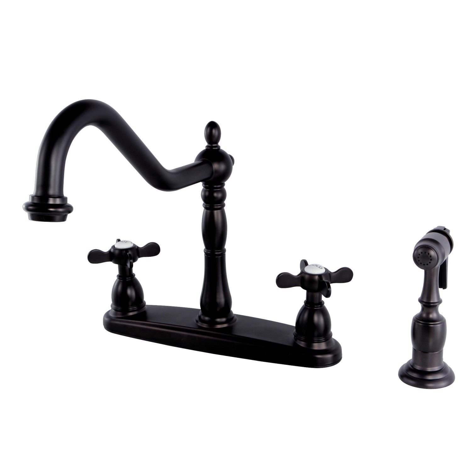 Kingston Heirloom KB1755BEXBS - Robinet de cuisine central à deux poignées Essex 4 trous 8" avec pulvérisateur en laiton, bronze huilé