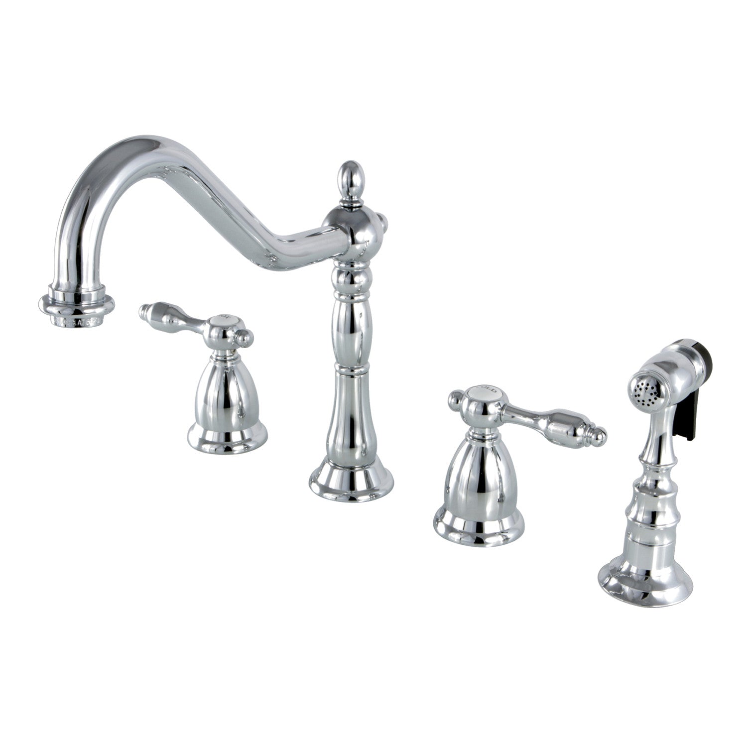 Kingston Heirloom KS1791TALBS - Tudor Double-Handle 4 trous Robinet de cuisine répandu avec pulvérisateur en laiton, chrome poli
