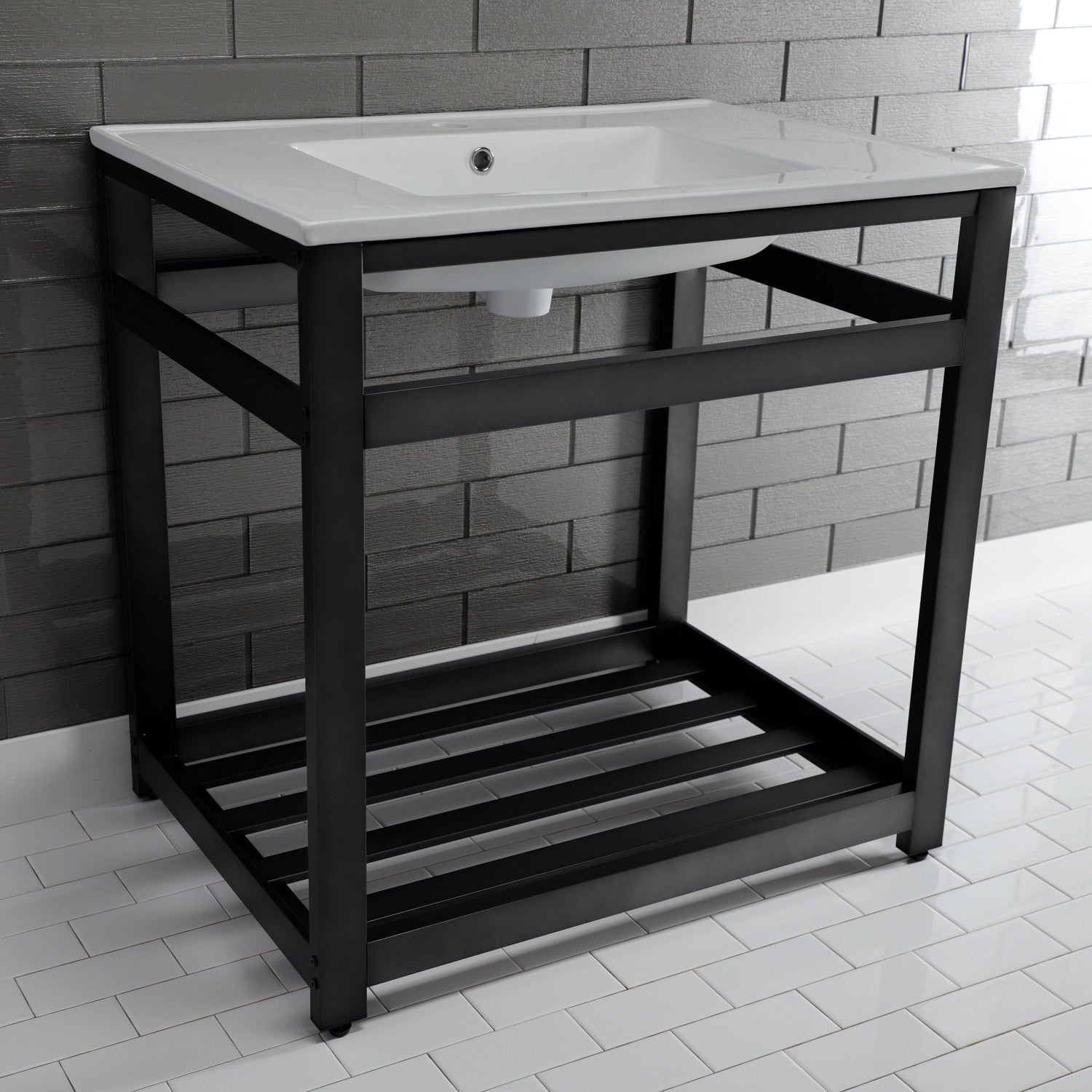 Kingston Sona VWP3122A0 - Quadras 31-Inch Ceramic Console Sink with Steel Base and Shelf (1-Hole), White/Matte Black