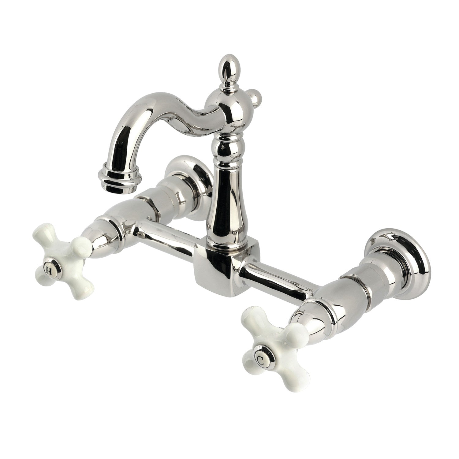 Kingston Heirloom KS2446PX - Robinet de cuisine à deux poignées Heritage 2 trous Wall Mount Bridge, nickel poli