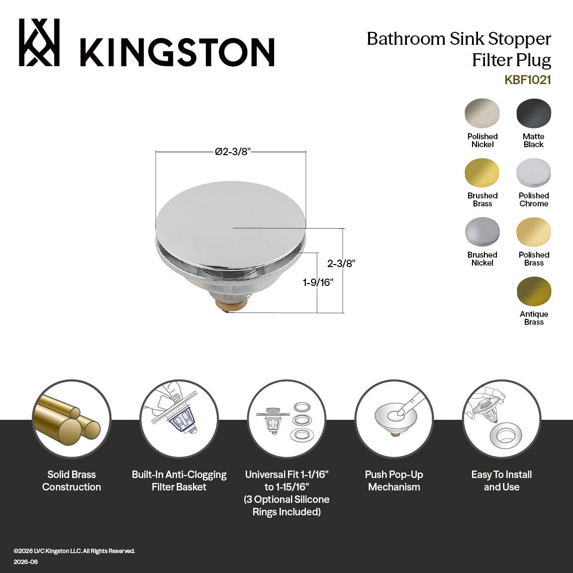 Kingston Trimscape KBF1027 Brass Sink Filter Plug (Umbrella Pop-Up), Brushed Brass