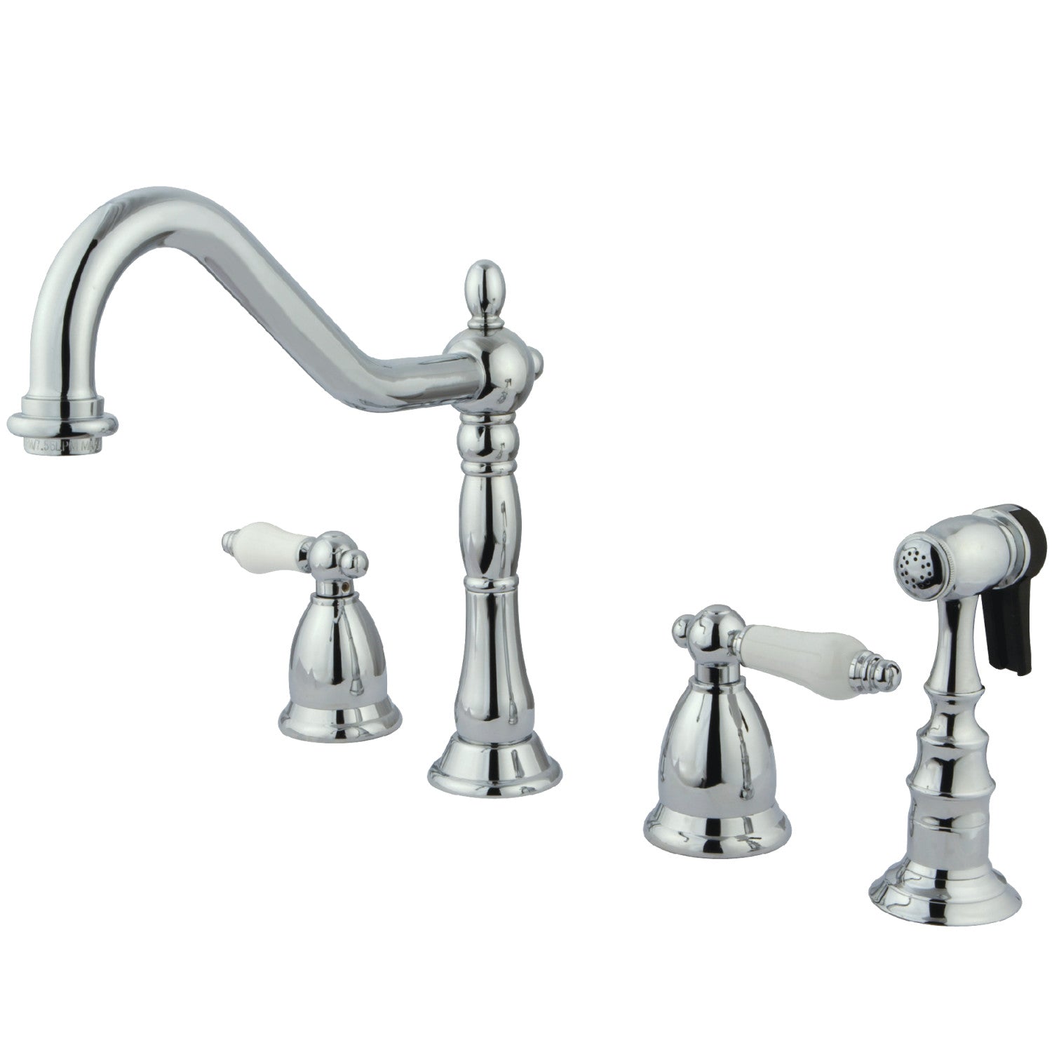Kingston Heirloom KS1791PLBS - Robinet de cuisine à double poignée Heritage 4 trous avec pulvérisateur en laiton, chrome poli
