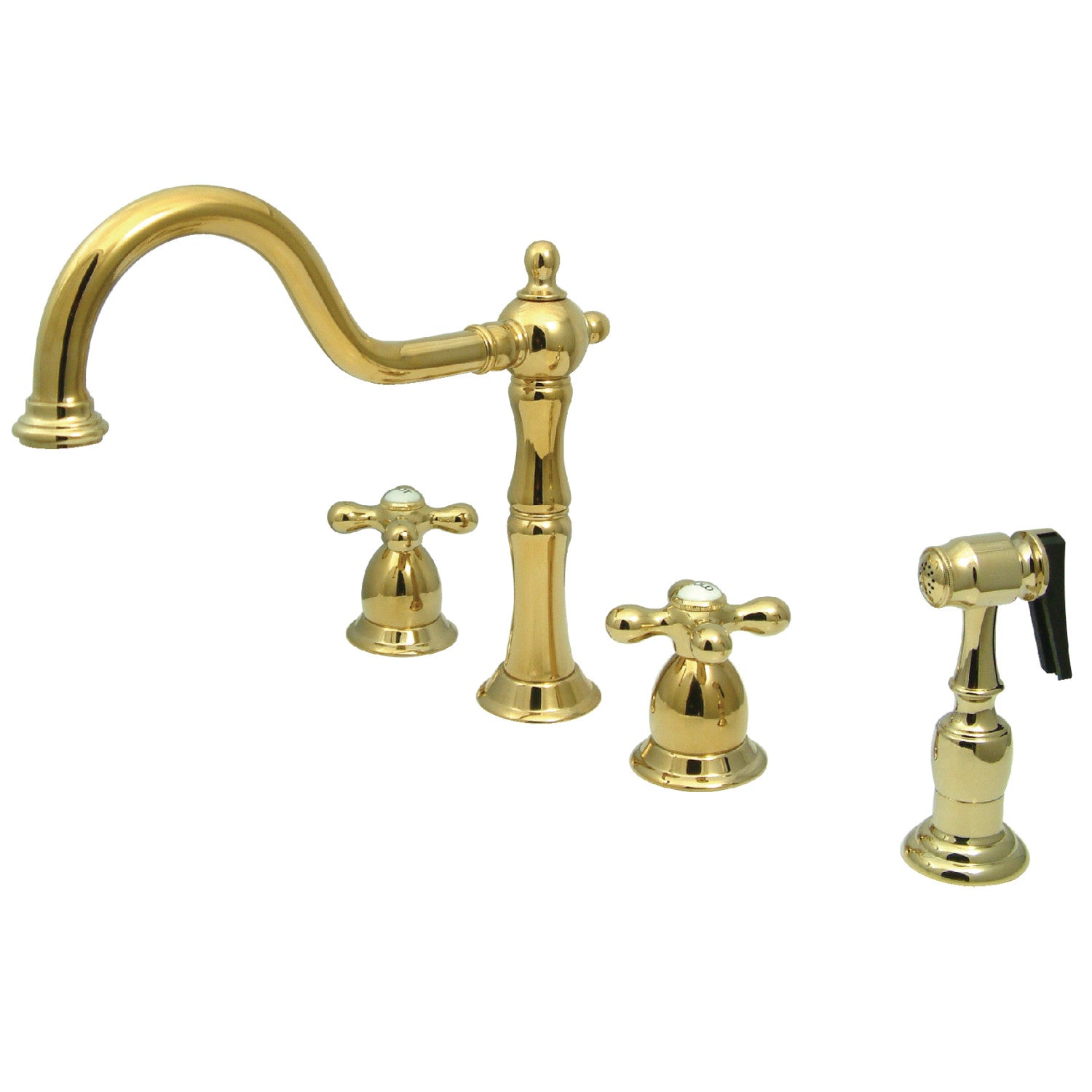 Kingston Heirloom KB1792AXBS - Robinet de cuisine à double poignée Heritage 4 trous avec pulvérisateur en laiton, laiton poli
