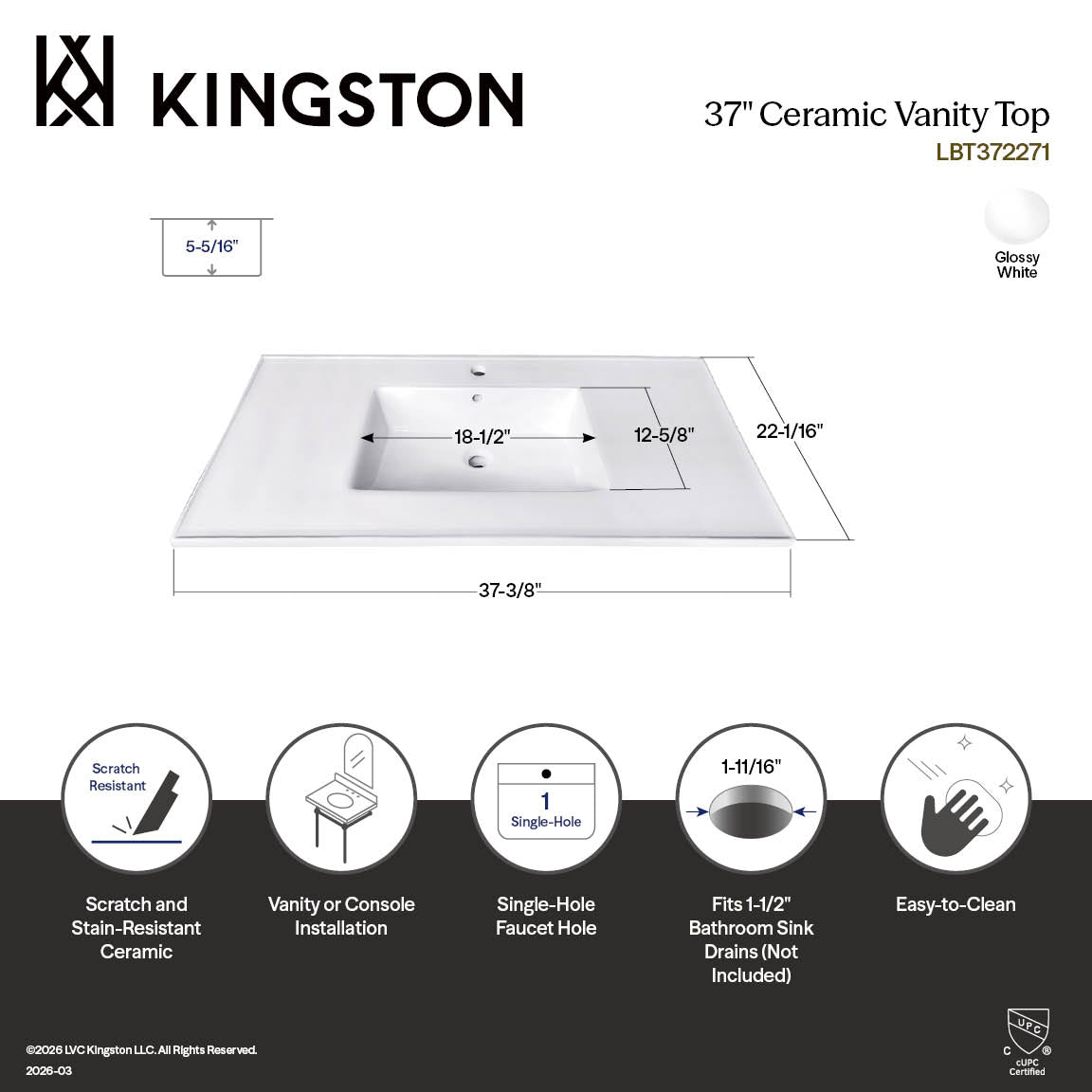 Kingston Tulare LBT372271 - Continental 37-Inch Ceramic Vanity Sink Top (1 Hole), White