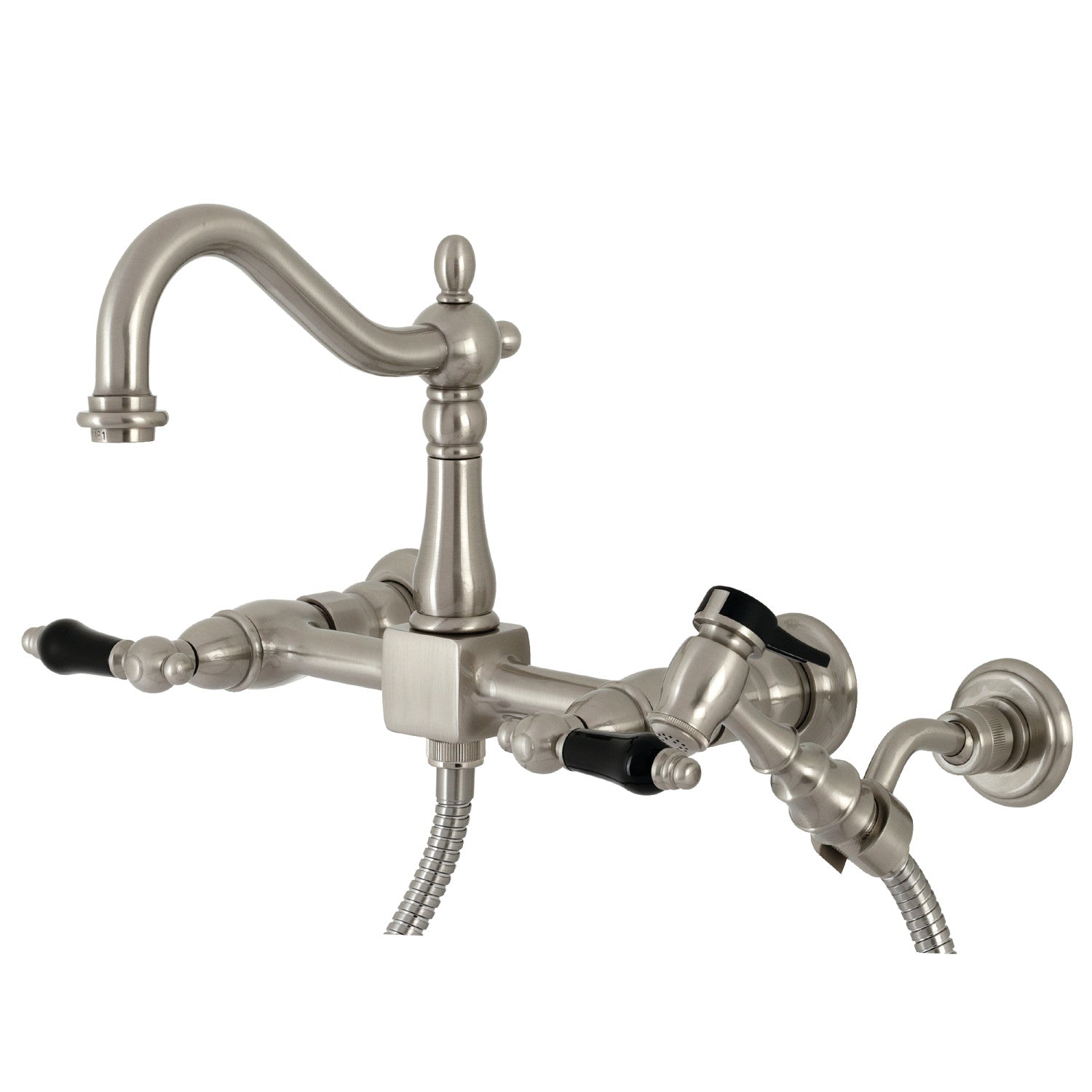 Kingston Heirloom KS1268PKLBS - Robinet de cuisine à deux poignées 3 trous Wall Mount Bridge avec pulvérisateur en laiton, nickel brossé