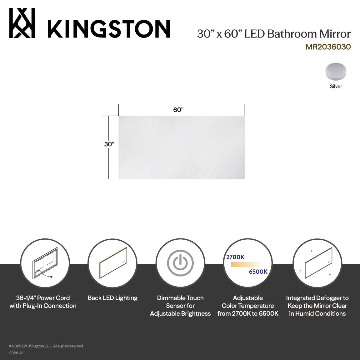 Kingston Aurora MR2036030 30-Inch x 60-Inch LED Bathroom Mirror, Back Light, Anti-Fog, Dimmable Touch Sensor Lighted Mirror, Silver