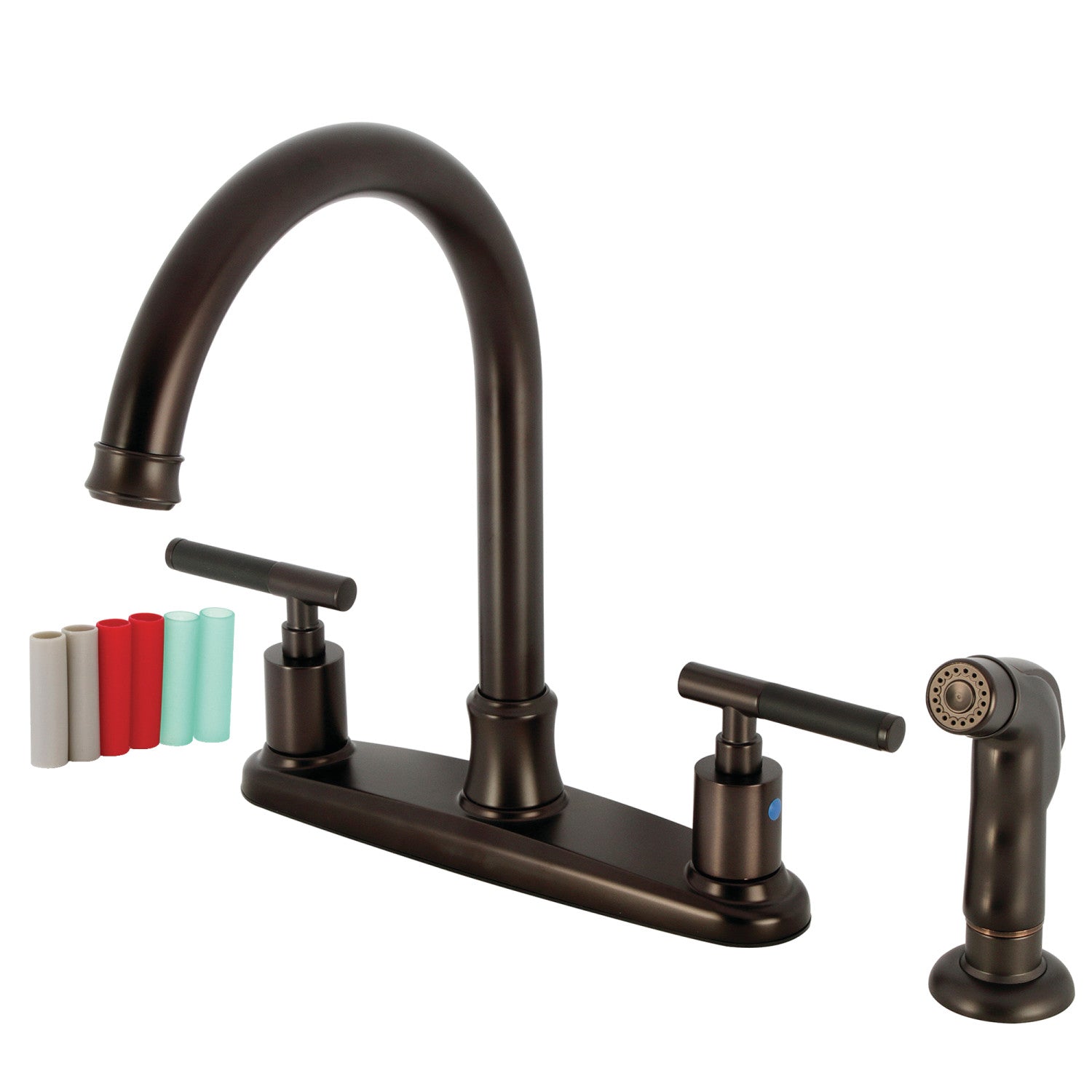 Kingston Tulare FB7795CKLSP - Robinet de cuisine central à deux poignées Kaiser 4 trous 8" avec pulvérisateur latéral, bronze frotté à l'huile