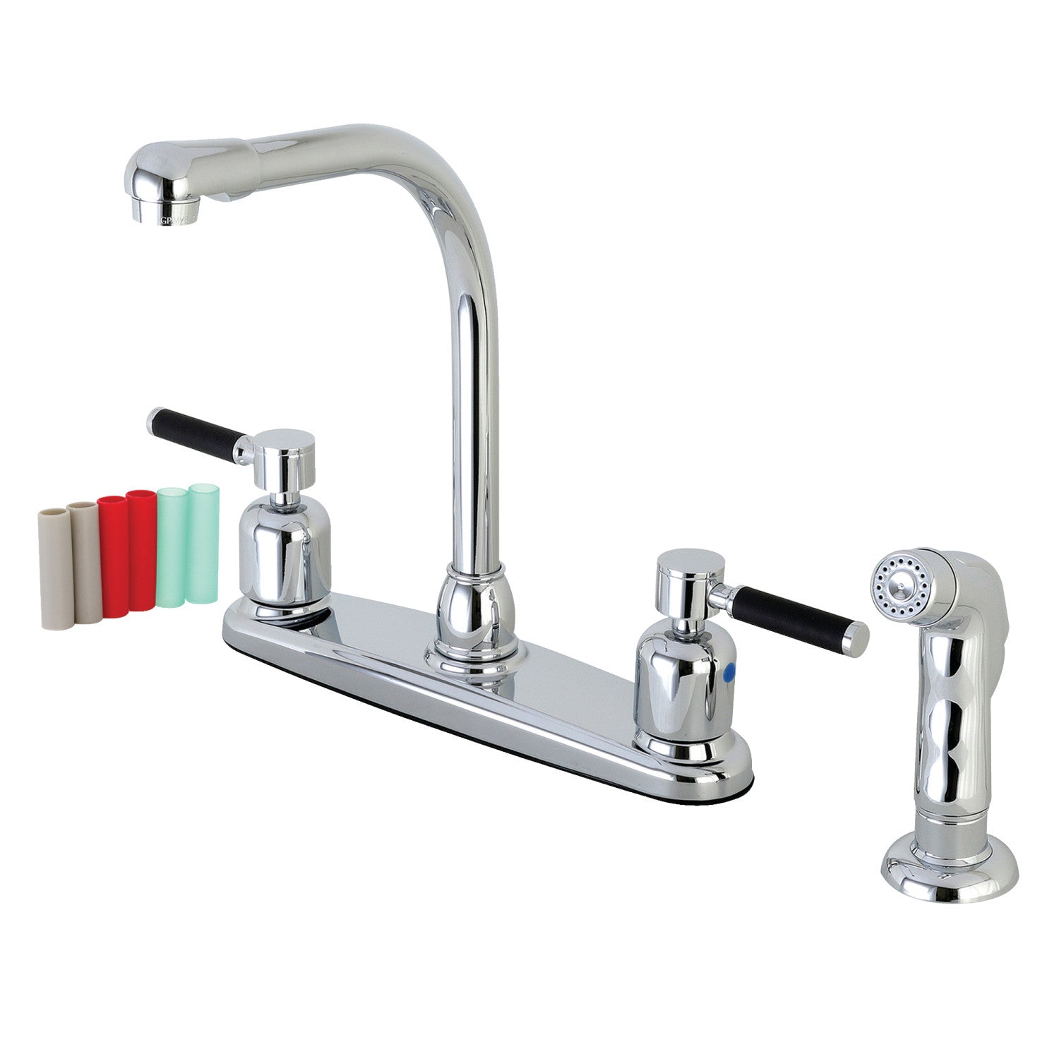 Kingston Tulare FB751DKLSP - Robinet de cuisine central à deux poignées Kaiser 4 trous 8" avec pulvérisateur latéral, chrome poli
