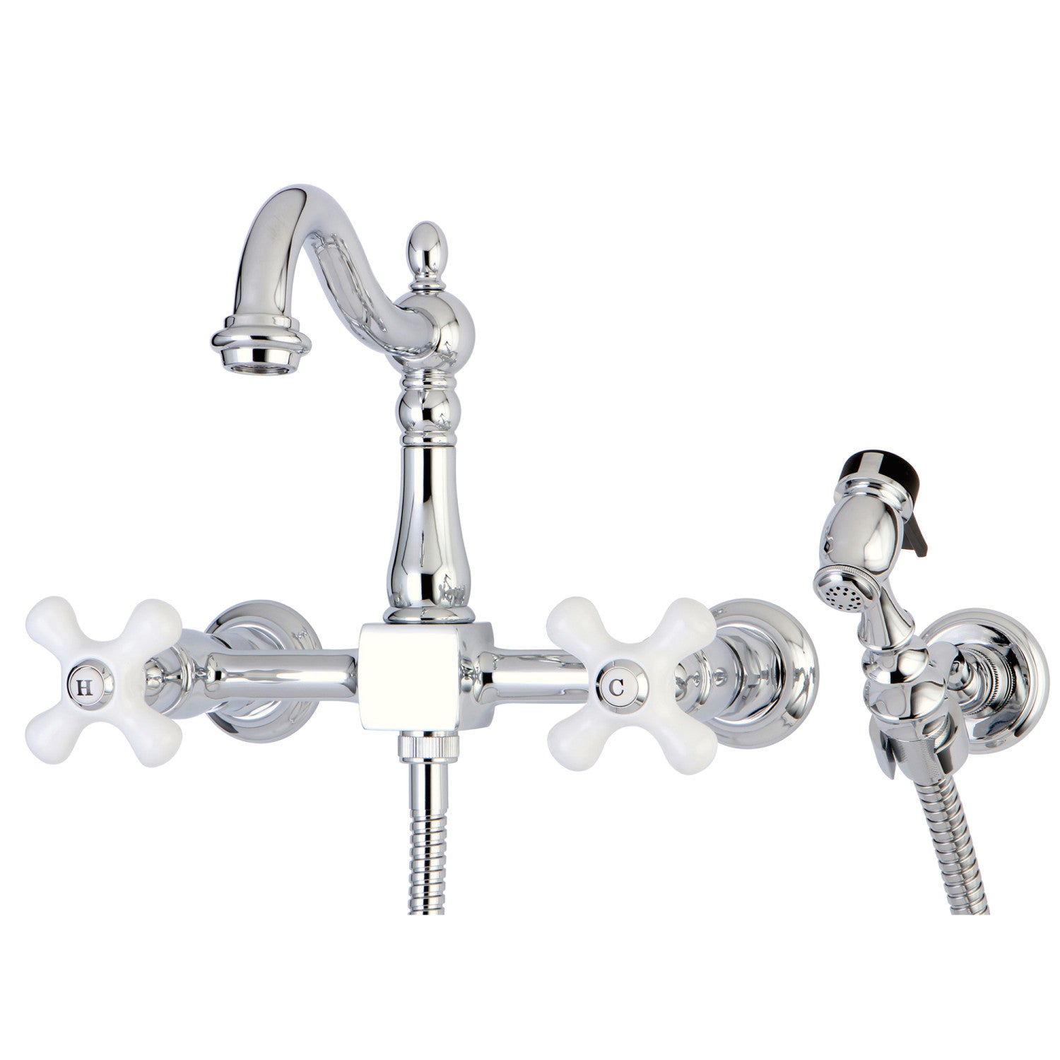 Kingston Heirloom KS1261PXBS - Robinet de cuisine à deux poignées Heritage 3 trous avec pulvérisateur en laiton, chrome poli