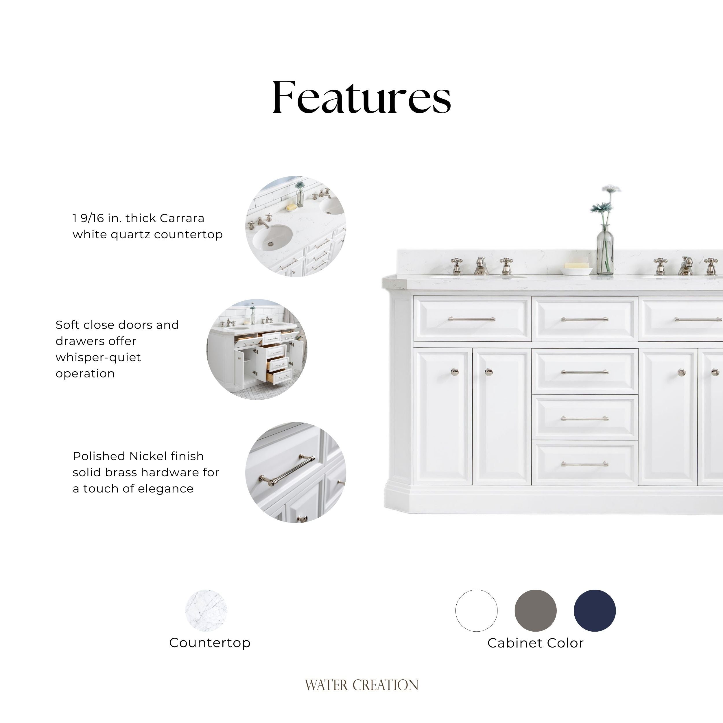 Kingston Luxe PA60QZ05PW - 60 in. x 22 in. Bathroom Vanity Quartz Top and White Basin, Pure White