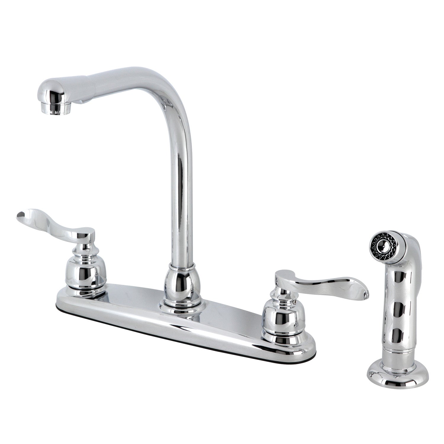 Kingston Tulare FB751NFLSP - NuWave Robinet de cuisine à deux poignées français 4 trous 8" avec pulvérisateur latéral, chrome poli