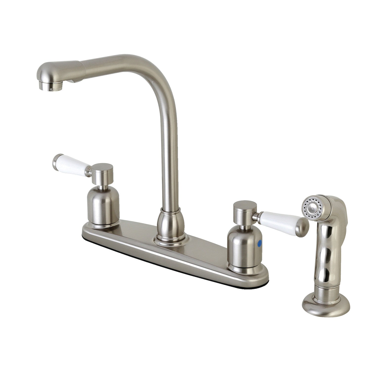 Kingston Tulare FB758DPLSP - Paris à deux poignées 4 trous 8" Centerset Robinet de cuisine avec pulvérisateur latéral, Nickel brossé