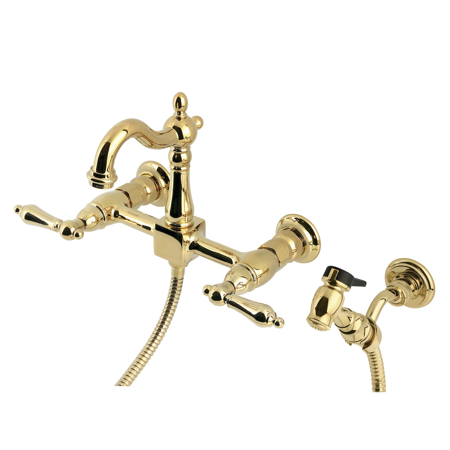Kingston Heirloom KS2442ALBS - Robinet de cuisine à double poignée Heritage 3 trous Wall Mount Bridge avec pulvérisateur en laiton, laiton poli