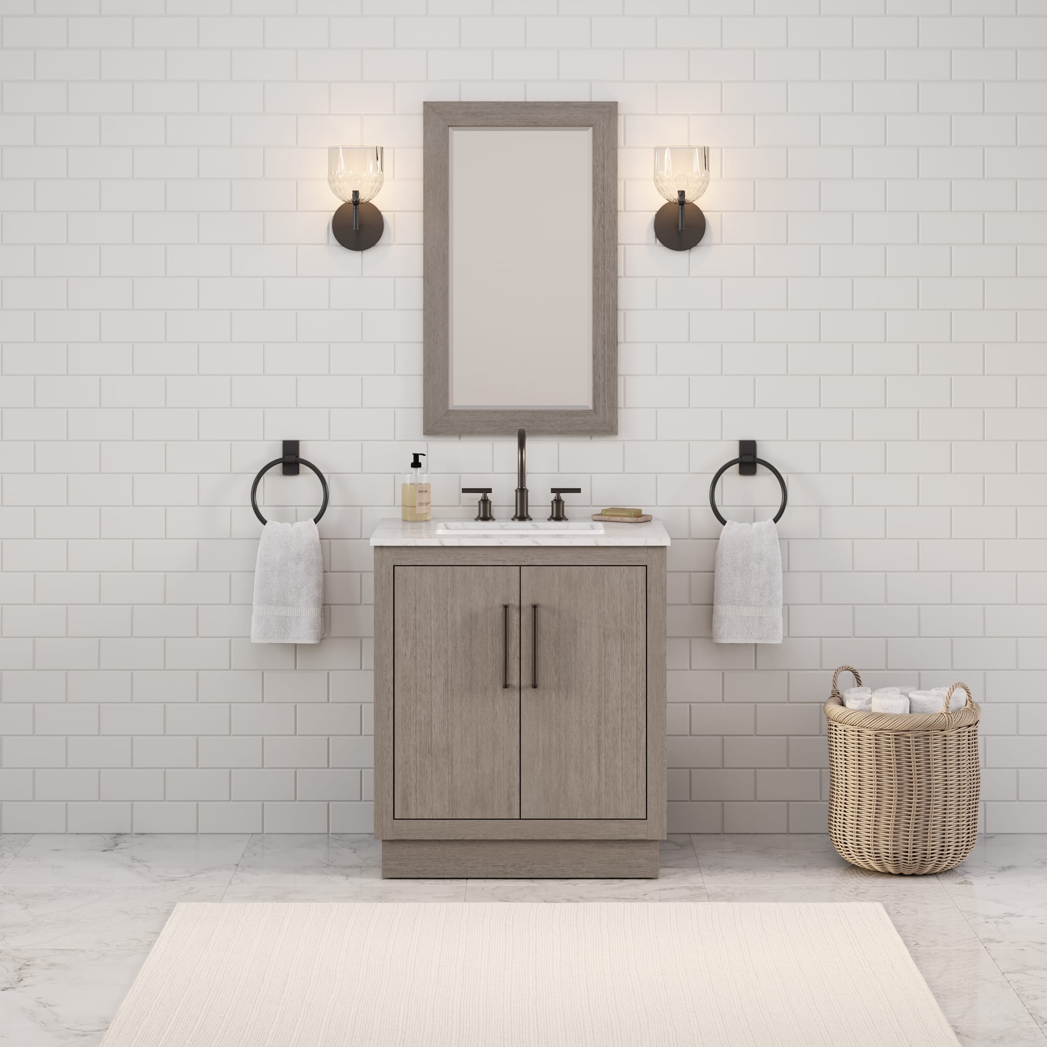 Kingston Luxe HU30CW03GK - 30 in. x 22 in. Bathroom Vanity White Marble Top and White Basin, Grey Oak