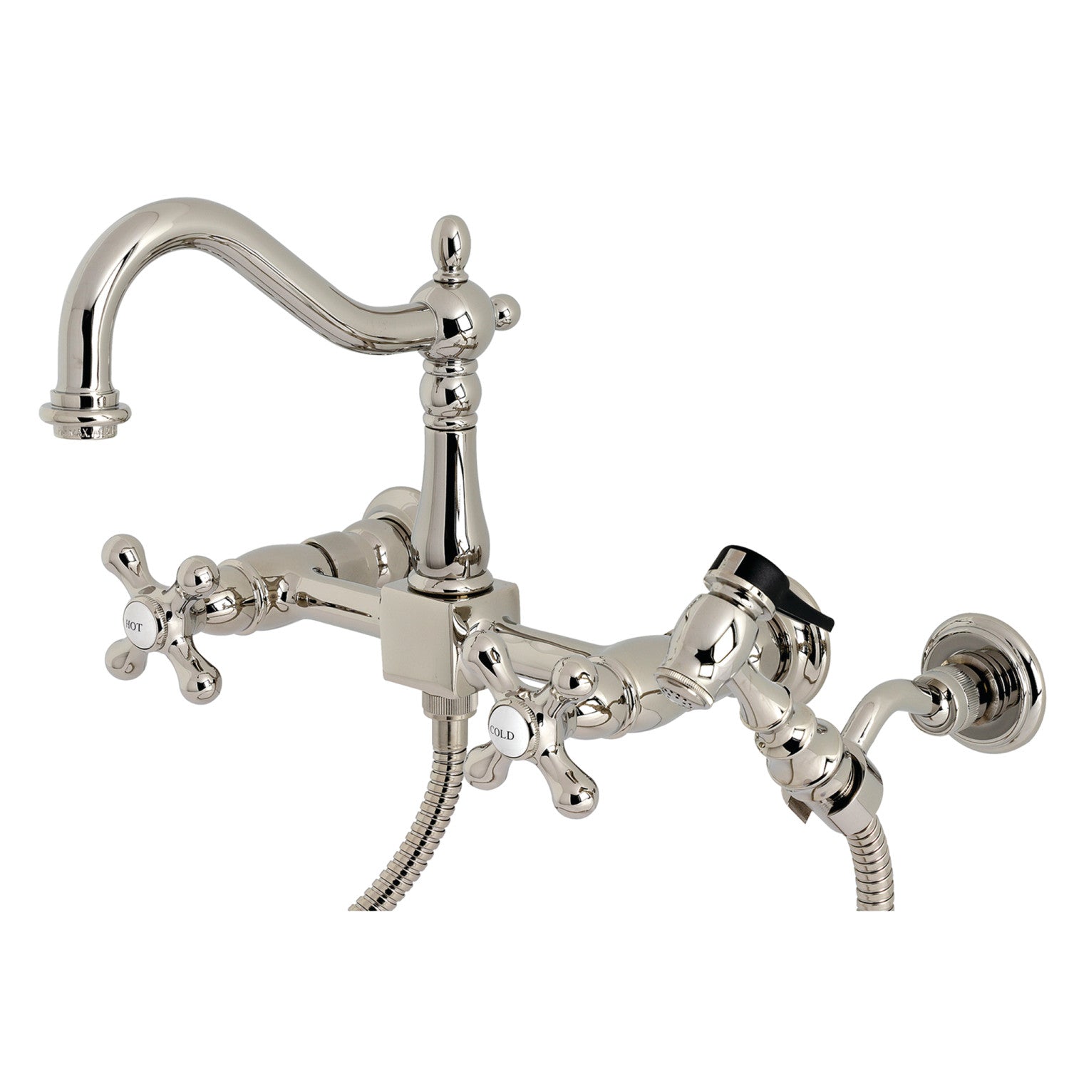 Kingston Heirloom KS1266AXBS - Robinet de cuisine à deux poignées Heritage 3 trous avec pulvérisateur en laiton, nickel poli