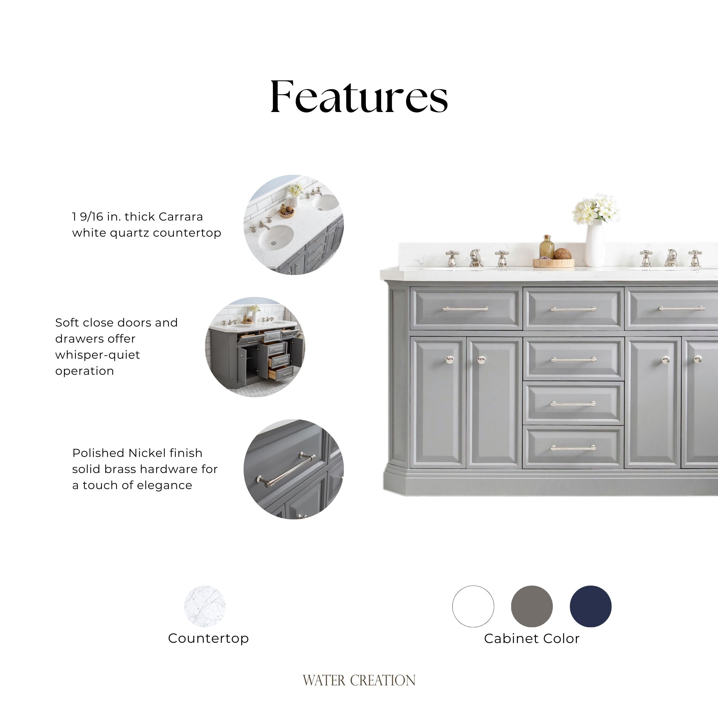 Kingston Luxe PA60QZ05CG - 60 in. x 22 in. Bathroom Vanity Quartz Top and White Basin, Cashmere Grey