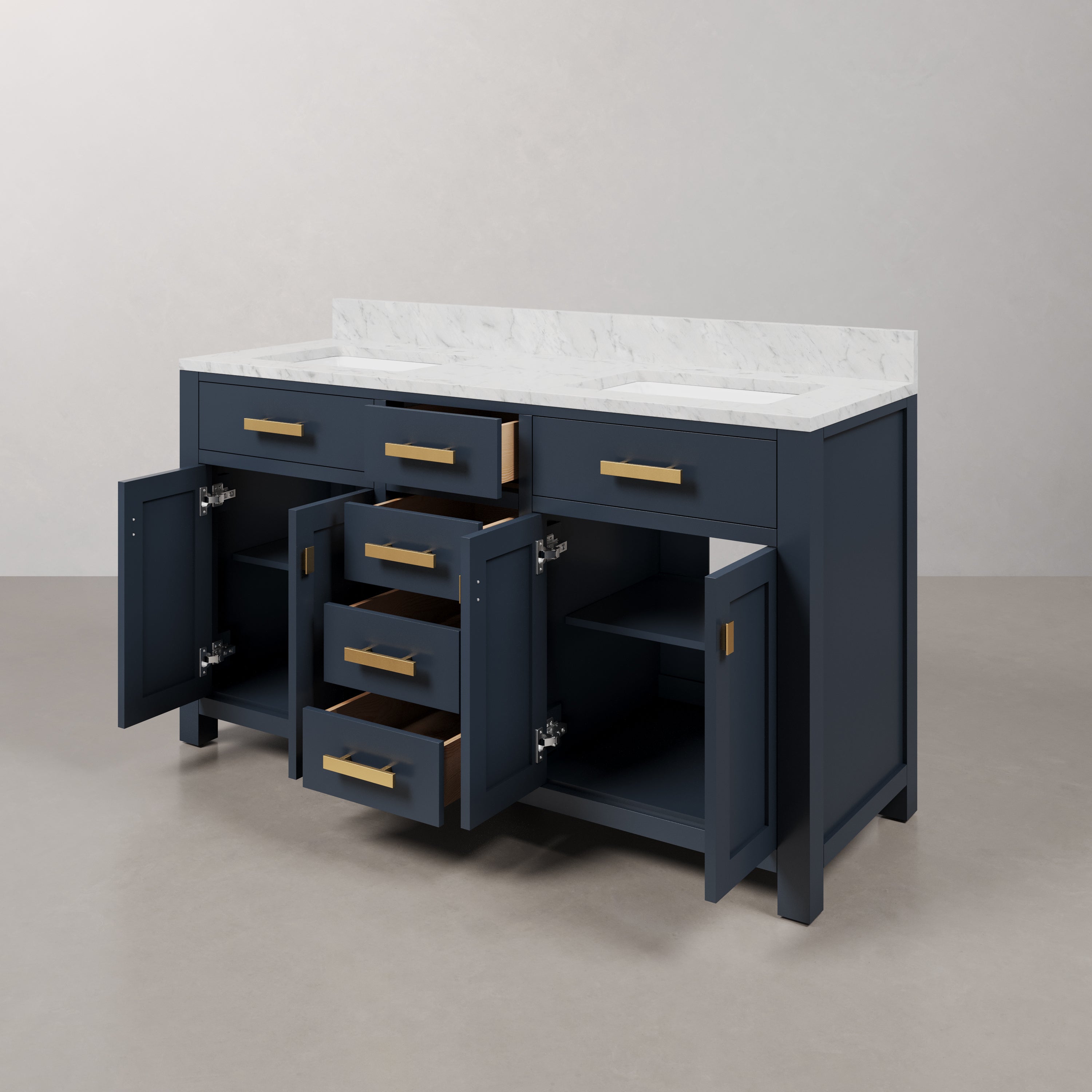 Kingston Luxe MS60CW06MB - 60 in. x 21.5 in. Bathroom Vanity Marble Top in Carrara White and White Basin, Monarch Blue