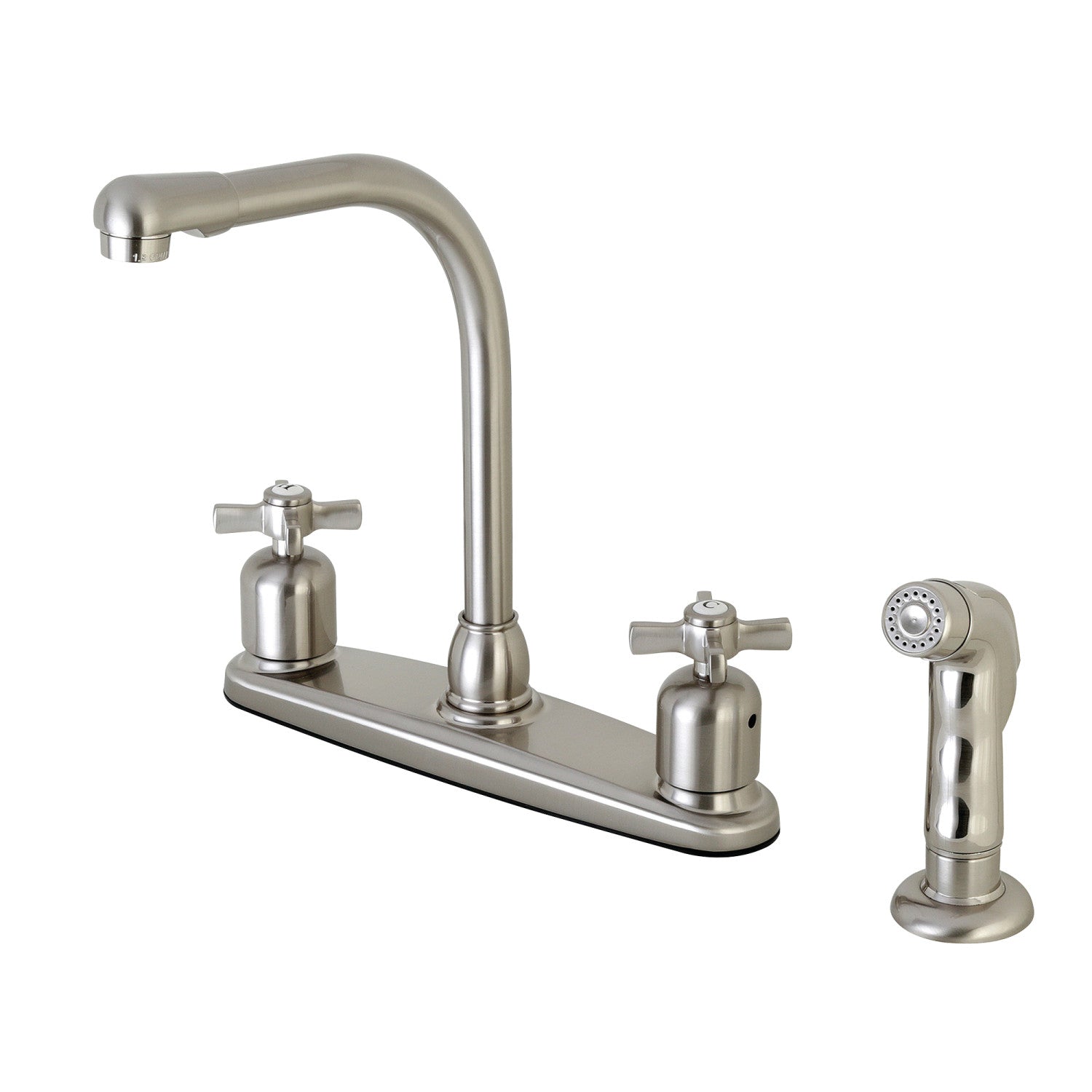 Kingston Tulare FB758ZXSP - Robinet de cuisine central bimanche Millennium 4 trous 8" avec pulvérisateur latéral, nickel brossé