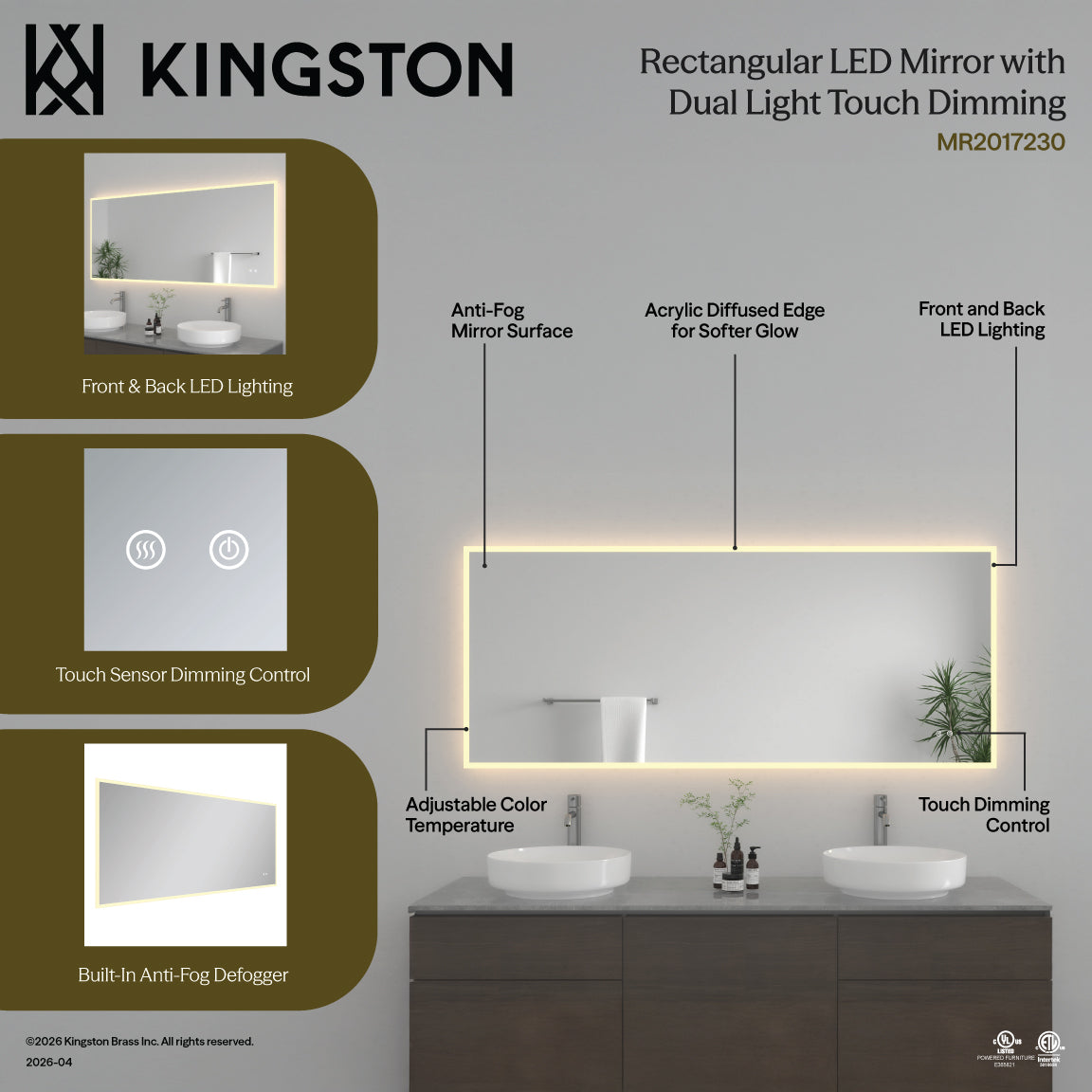 Kingston Aurora MR2017230 30-Inch x 72-Inch LED Bathroom Mirror, Front and Back Light, Anti-Fog, Dimmable Touch Sensor Lighted Mirror, Silver