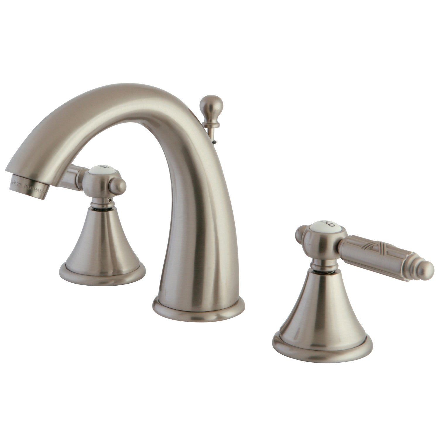 Kingston Heirloom FS7988GL - Robinet de salle de bain à entraxe large à deux poignées géorgienne 3 trous avec à tirette en laiton, nickel brossé