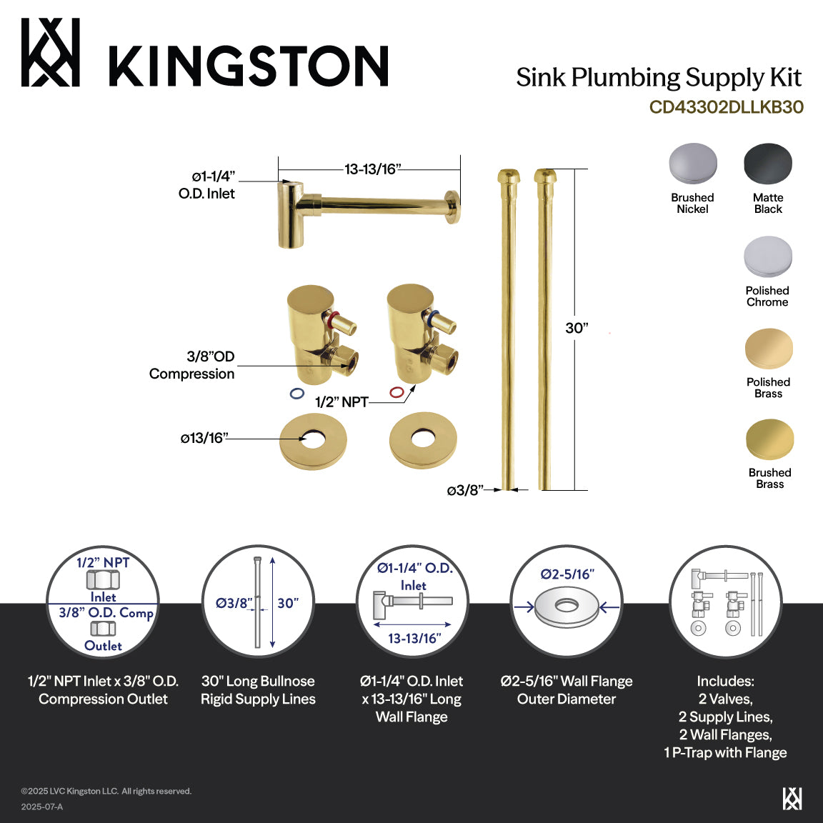 Kingston Sona CD43302DLLKB30 - Trimscape Modern Plumbing Sink Trim Kit with Bottle Trap, Polished Brass