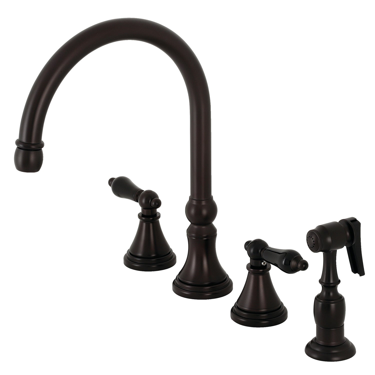 Kingston Tulare KS2795PKLBS - Robinet de cuisine à double poignée 4 trous avec pulvérisateur en laiton, bronze frotté à l'huile