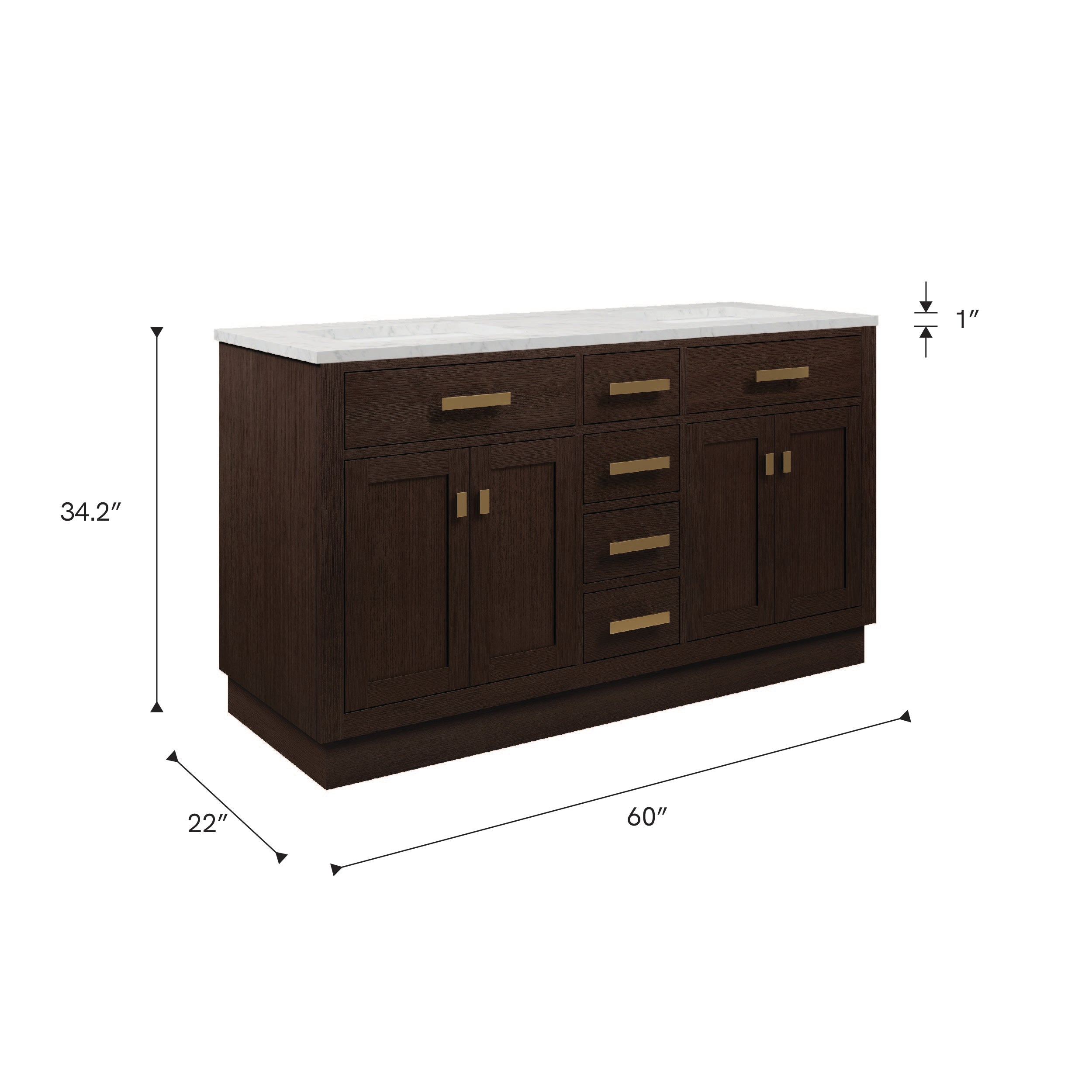 Kingston Luxe CH60CW06BK - 60 in. x 21.5 in. Bathroom Vanity Marble Top and White Basin, Brown Oak
