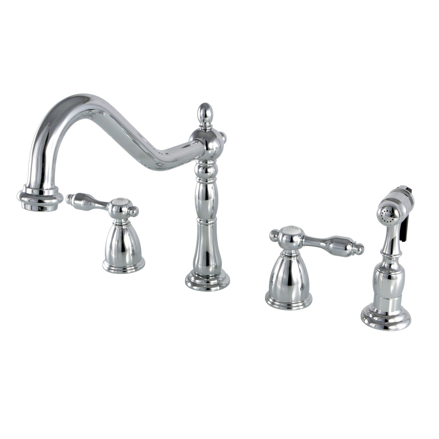 Kingston Heirloom KB1791TALBS - Tudor Double-Handle 4 trous Robinet de cuisine répandu avec pulvérisateur en laiton, chrome poli