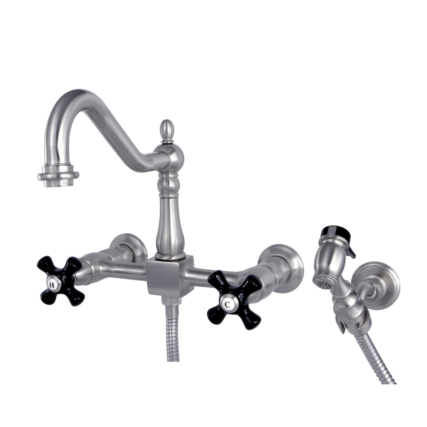 Kingston Heirloom KS1248PKXBS - Robinet de cuisine à deux poignées 3 trous Wall Mount Bridge avec pulvérisateur en laiton, nickel brossé