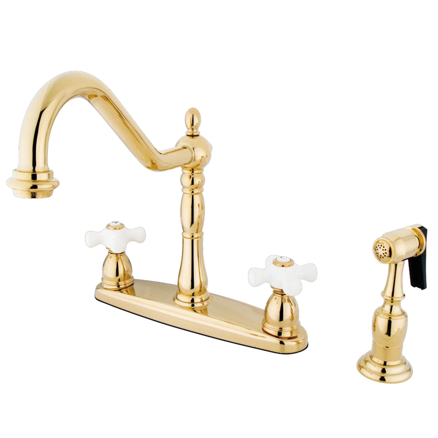 Kingston Heirloom KB1752PXBS - Robinet de cuisine central à deux poignées Heritage 4 trous 8" avec pulvérisateur en laiton poli