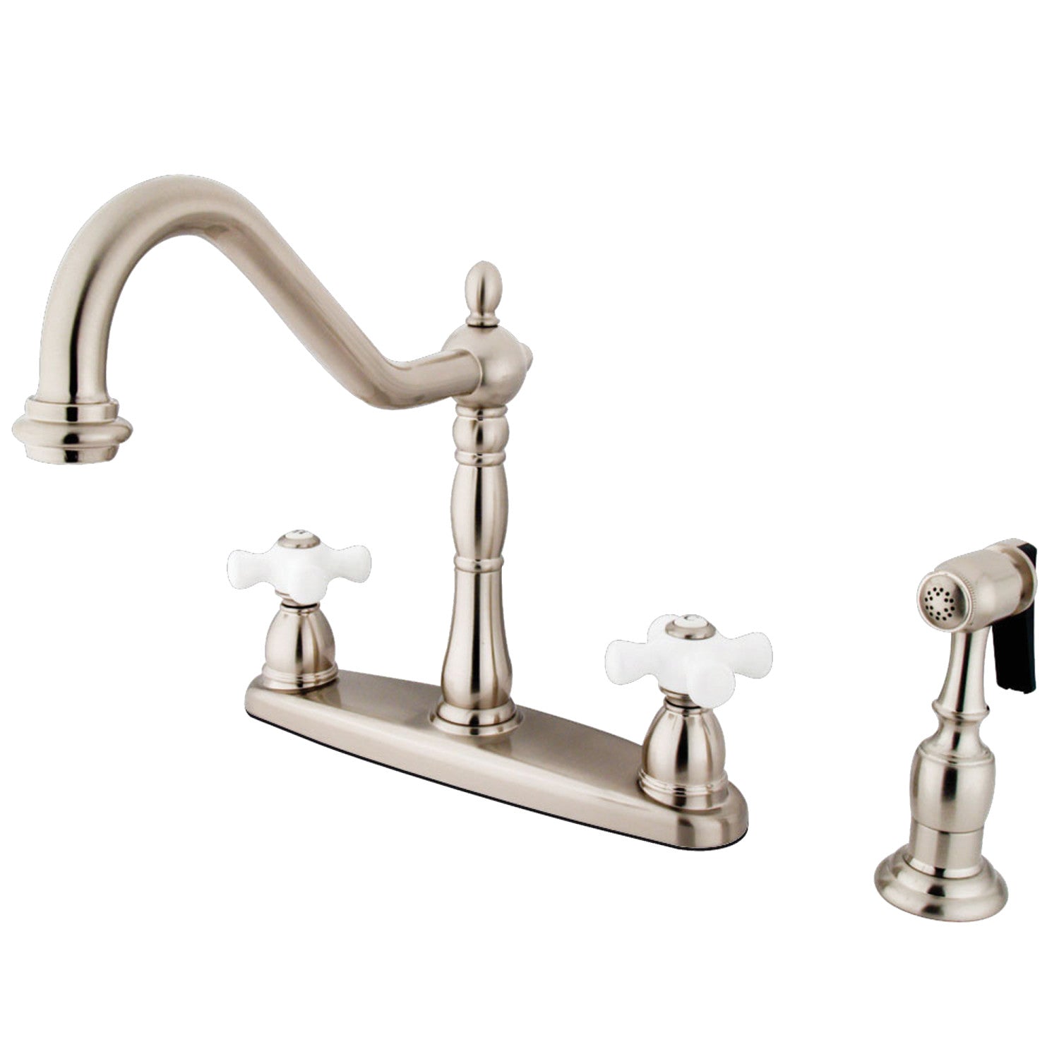 Kingston Heirloom KB1758PXBS - Robinet de cuisine central à deux poignées Heritage 4 trous 8" avec pulvérisateur en laiton, nickel brossé