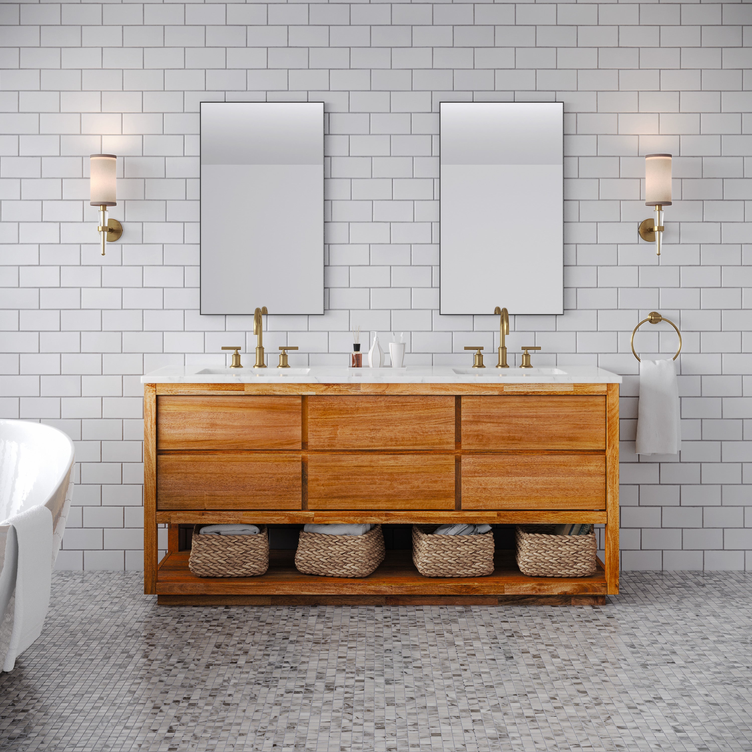Kingston Luxe OA72CW00MW - 72 in. x 22 in. Bathroom Vanity Double Sink with White Marble Top and White Basin, Mango Wood