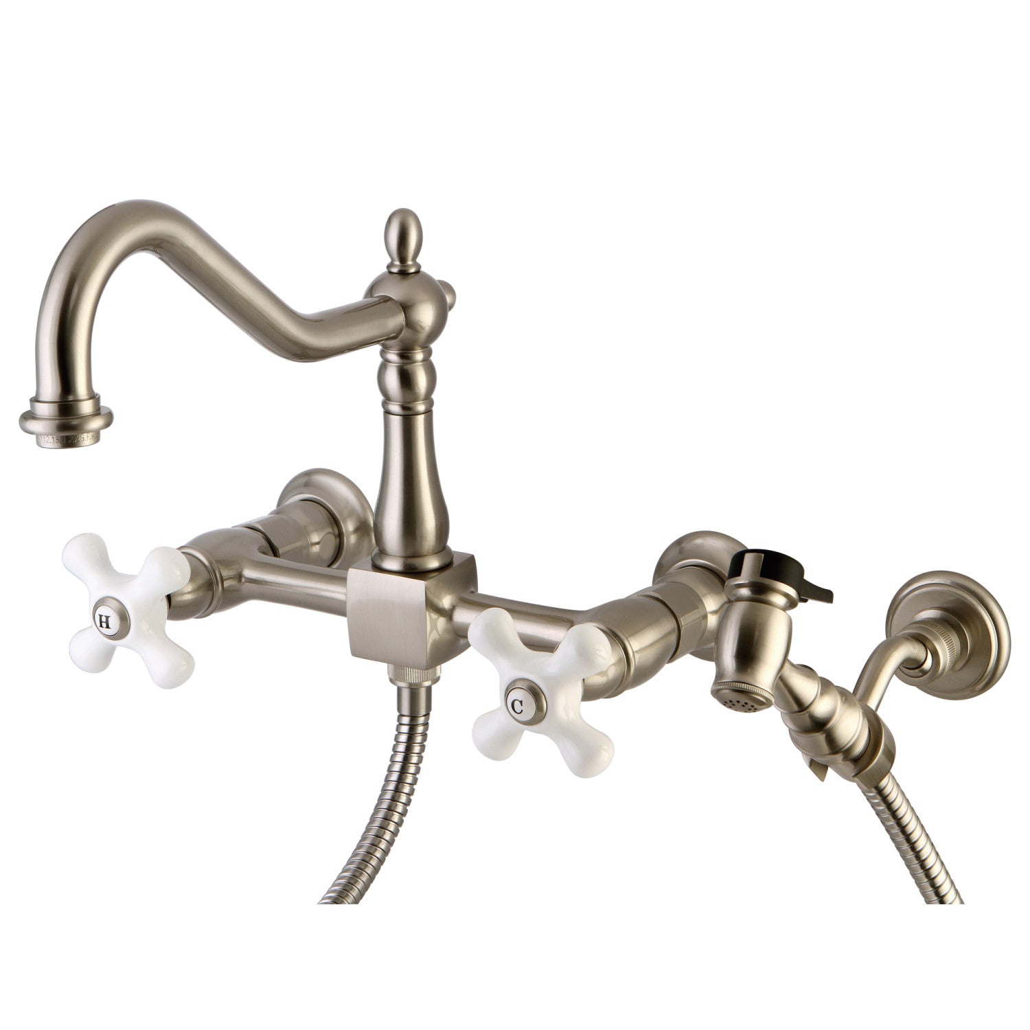 Kingston Heirloom KS1248PXBS - Robinet de cuisine à deux poignées Heritage 3 trous avec pulvérisateur en laiton, nickel brossé