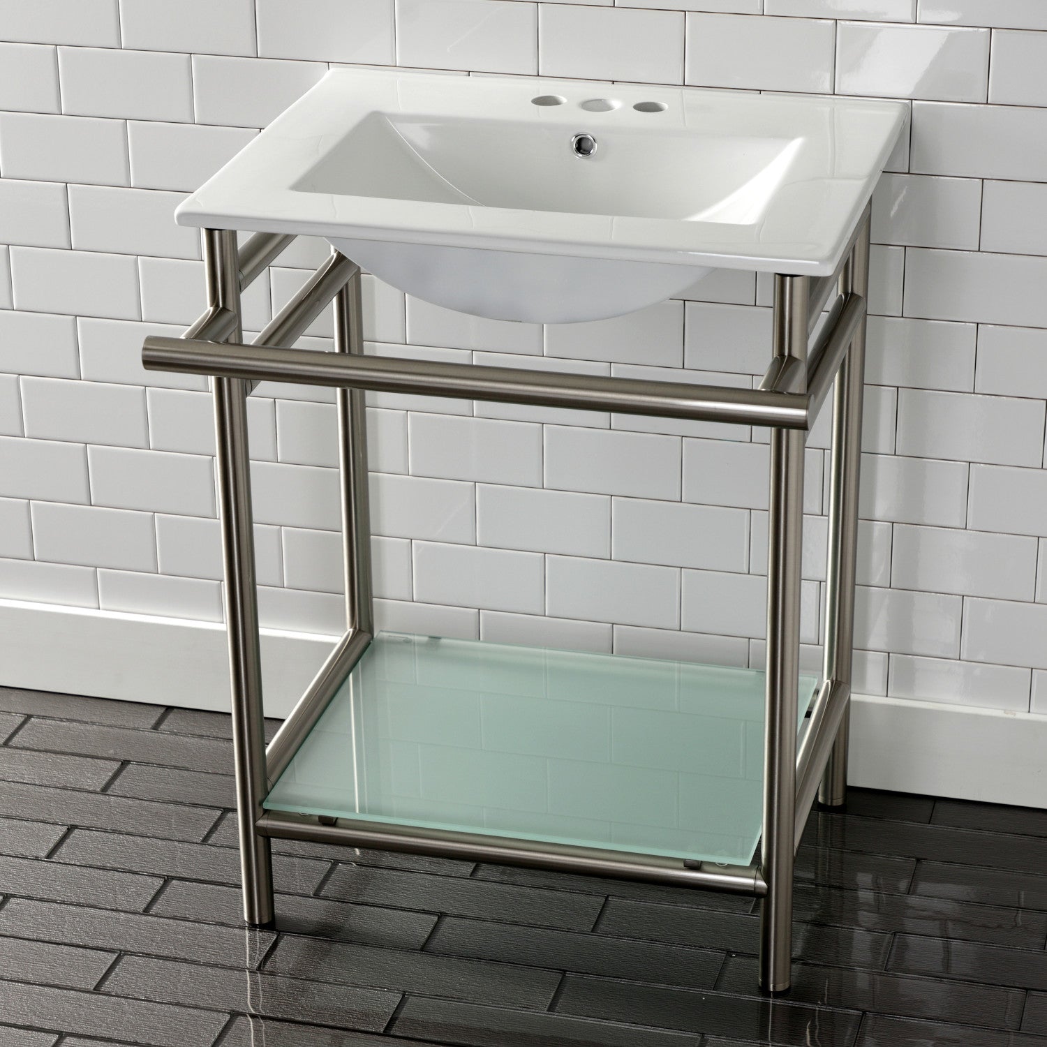 Kingston Sona VPB24187W48 - Sheridan 24-Inch Ceramic Console Sink with Stainless Steel Legs and Glass Shelf (4-Inch, 3-Hole), White/Brushed Nickel
