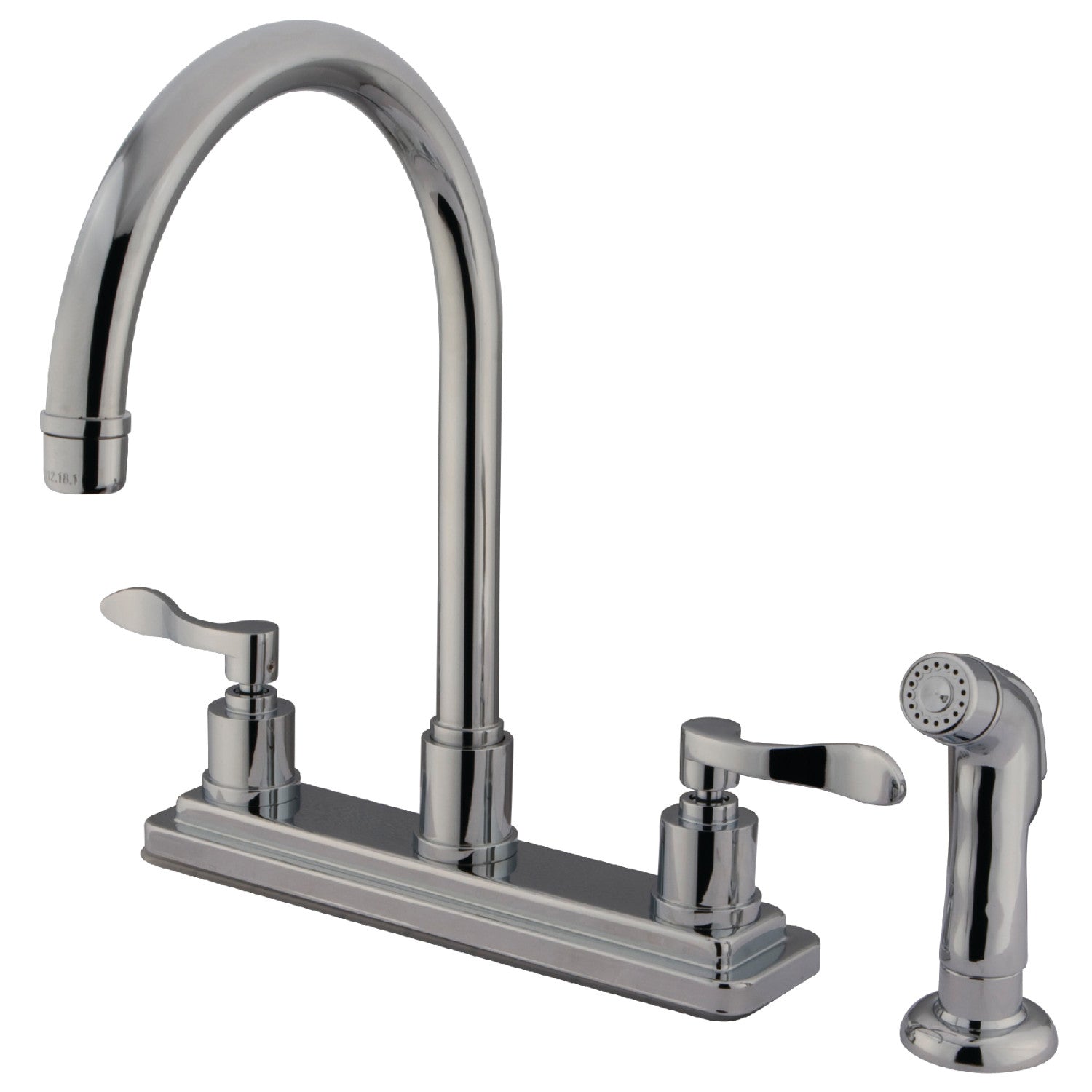 Kingston Tulare KS8791DFL Robinet de cuisine à deux poignées 4 trous 8" Centerset avec pulvérisateur latéral, chrome poli