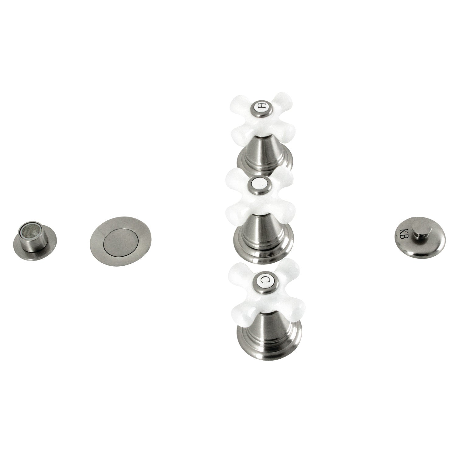 Kingston Heirloom KB328PX - Robinet de bidet vertical victorien à trois poignées avec couvercle en laiton, nickel brossé