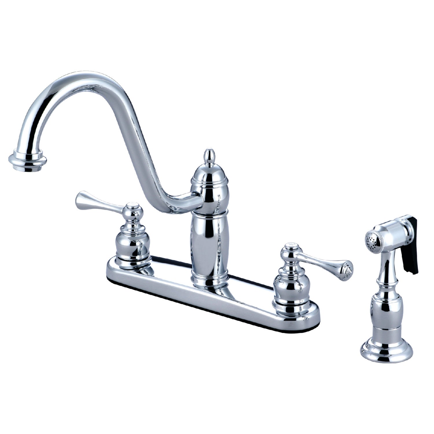 Kingston Heirloom KB1111BLBS - Robinet de cuisine central à deux poignées Heritage 4 trous 8" avec pulvérisateur latéral, chrome poli