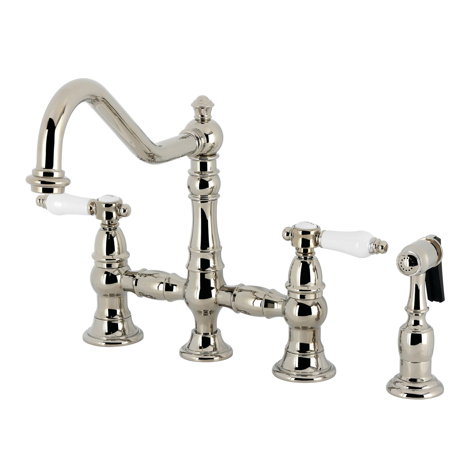 Kingston Heirloom KS3276BPLBS - Robinet de cuisine Bel-Air à deux poignées 4 trous montage sur plage Bridge avec pulvérisateur en laiton, nickel poli