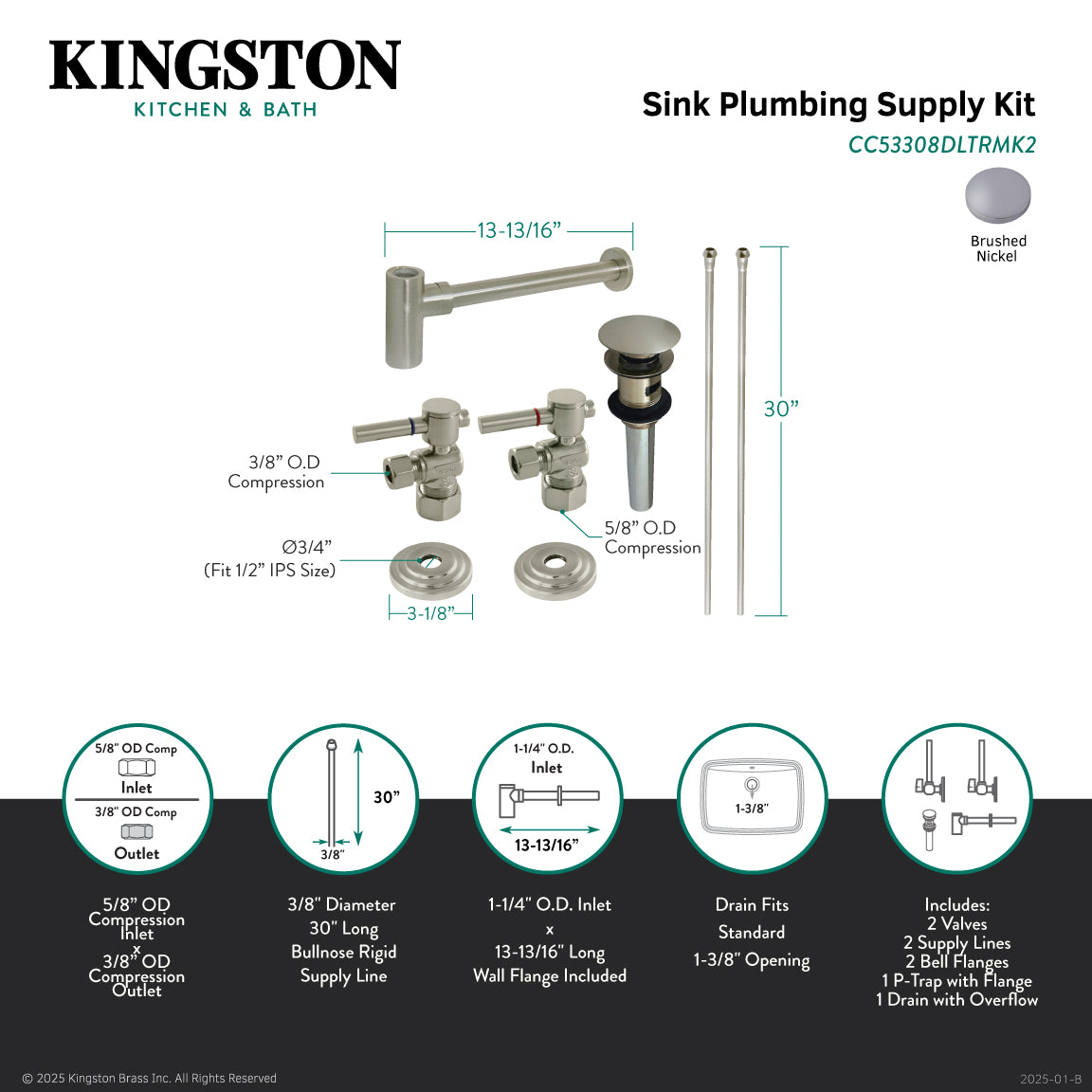 Kingston Sona CC53308DLTRMK2 - Trimscape Modern Plumbing Sink Trim Kit with Bottle Trap and Overflow Drain, Brushed Nickel